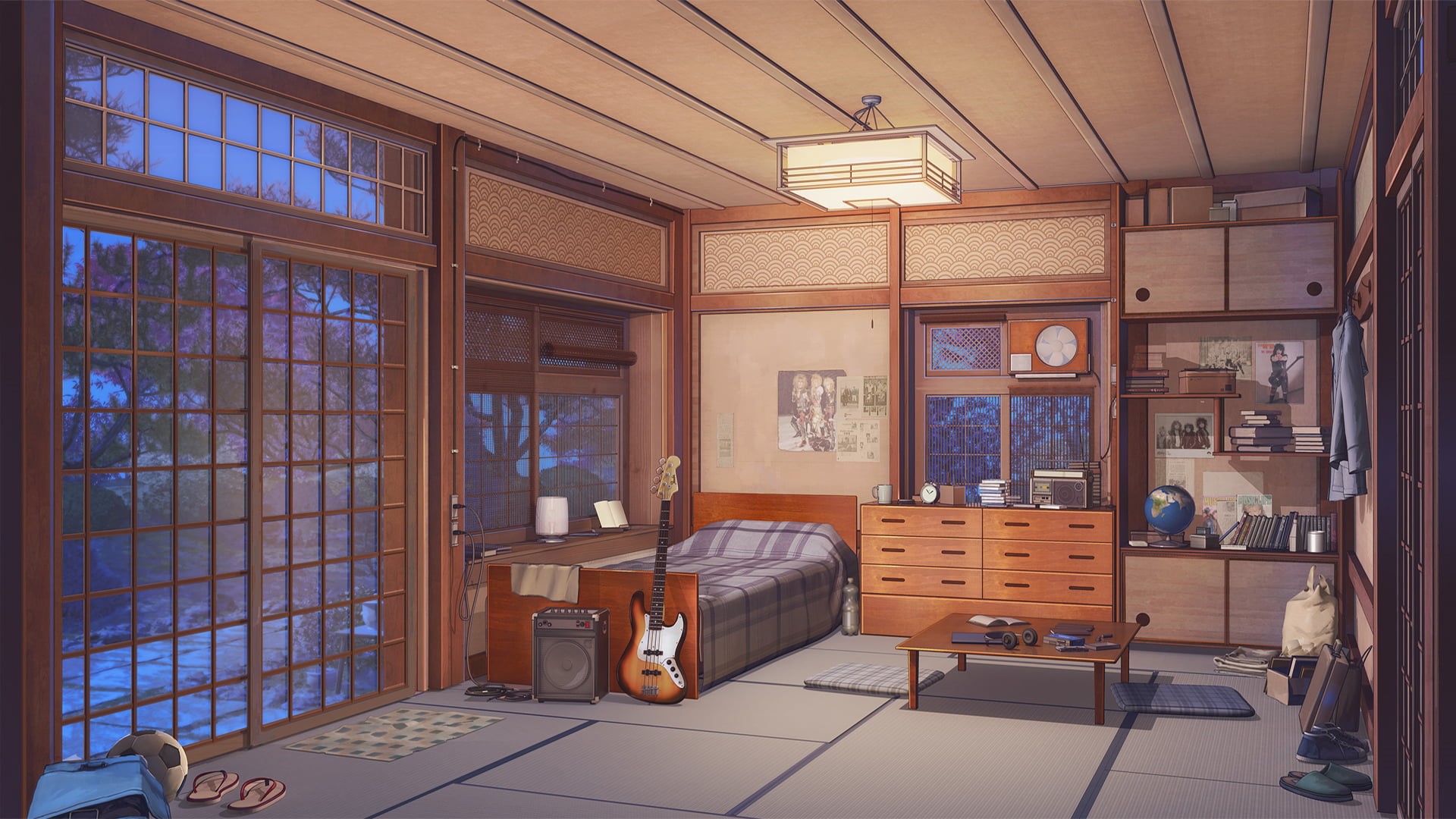 anime, visual novel, digital art, light effects, guitar, Money, room, ArseniXC, 1080P, artwork, Love, lamp, Background Art, RocknRoll, HD Wallpaper