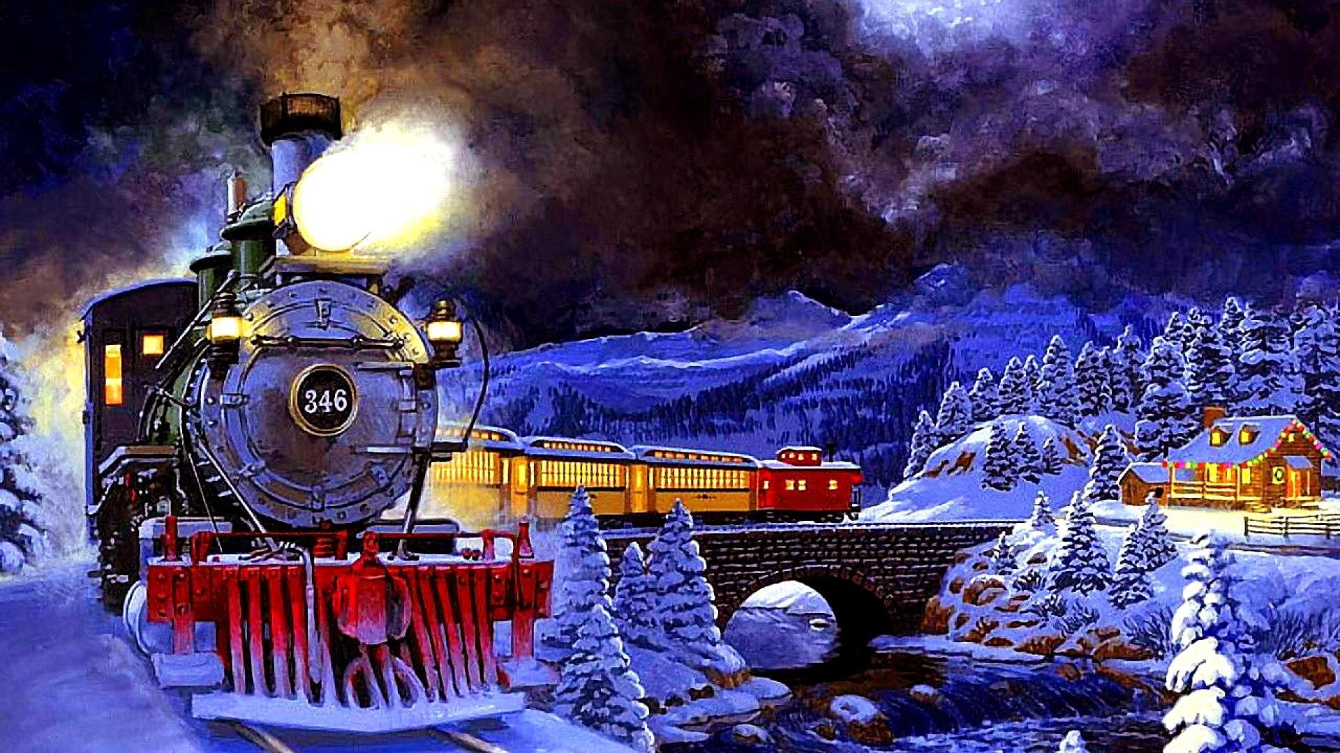 painting, light, 1080P, snow, night, winter, train, trees, moving, HD Wallpaper