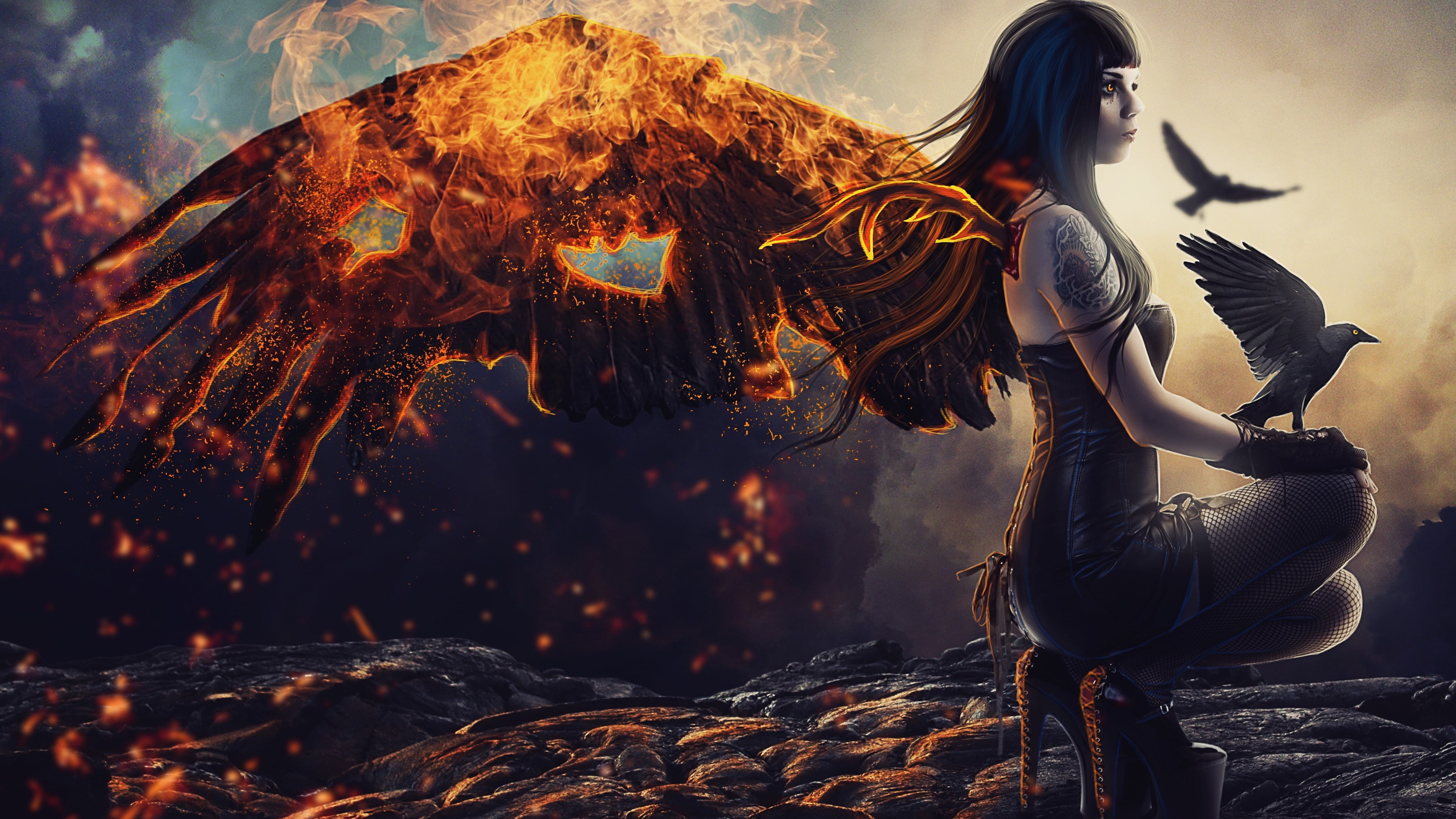 flame, glow, darkness, long hair, woman, tattoo, fire, mystic, adventurer, black hair, demon, fantasy art, artwork, crow, girl, 4K, warrior woman, raven, HD Wallpaper