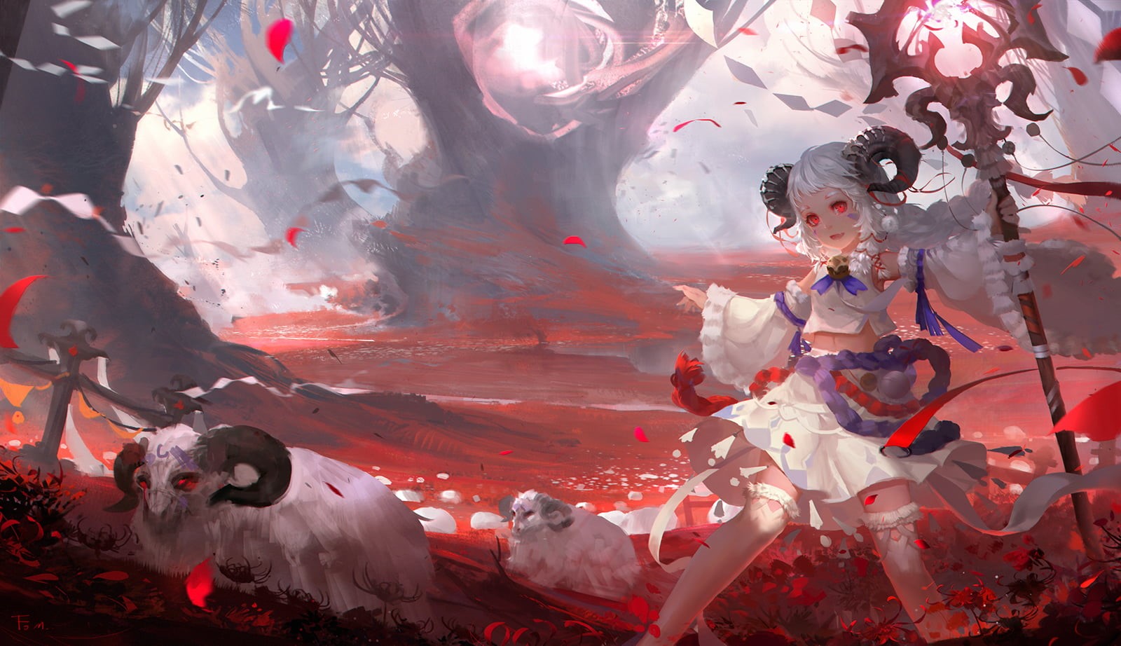 fantasy girl, illustration, horns, red eyes, fantasy art, white tops, ram, dark fantasy, original characters, forest, white clothing, knee-highs, anime girls, HD Wallpaper