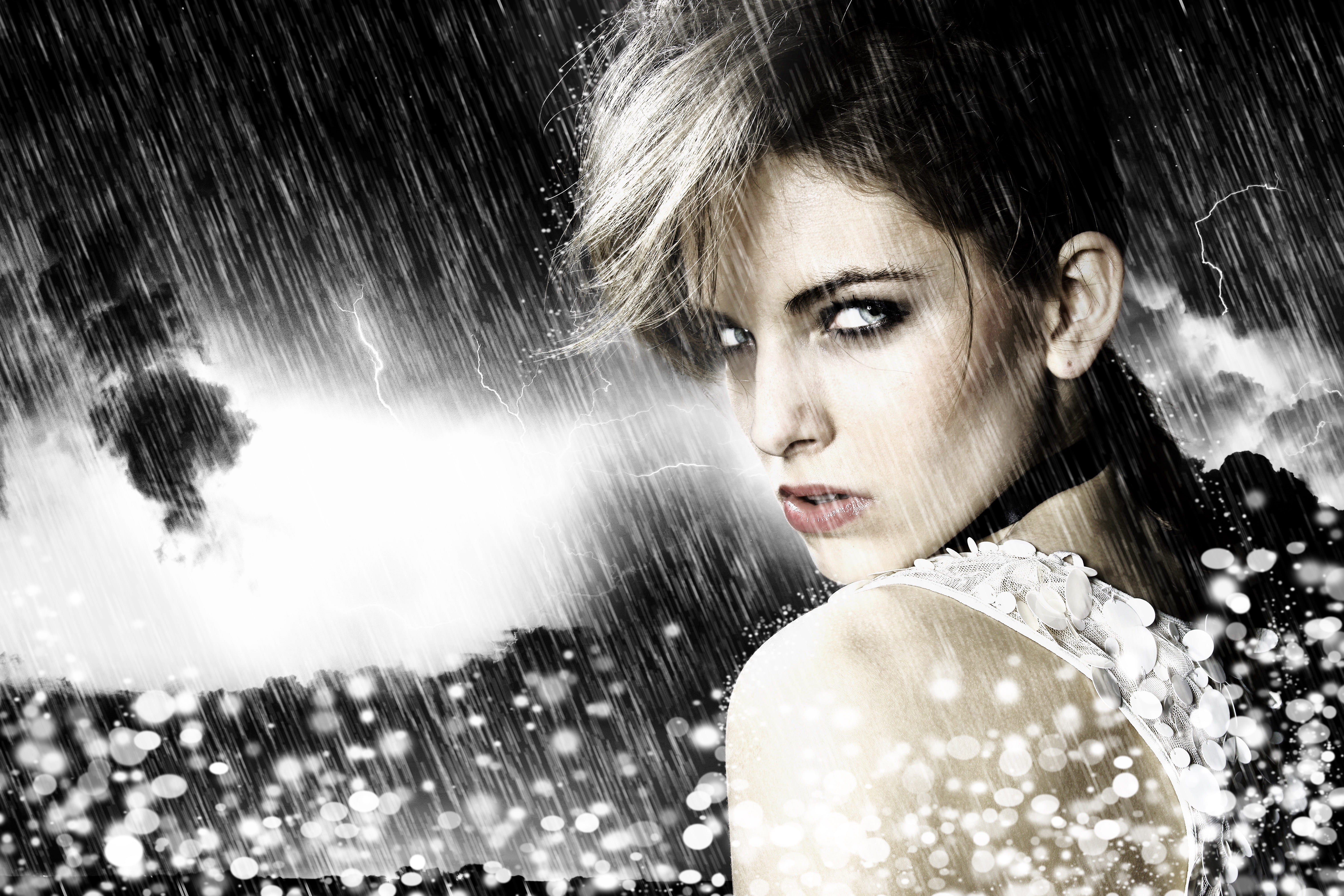 looking at camera, human body part, nature, hair, rain, fantasy, motion, adult, beautiful people, glamour, snow, wet, young adult, hairstyle, one person, HD Wallpaper