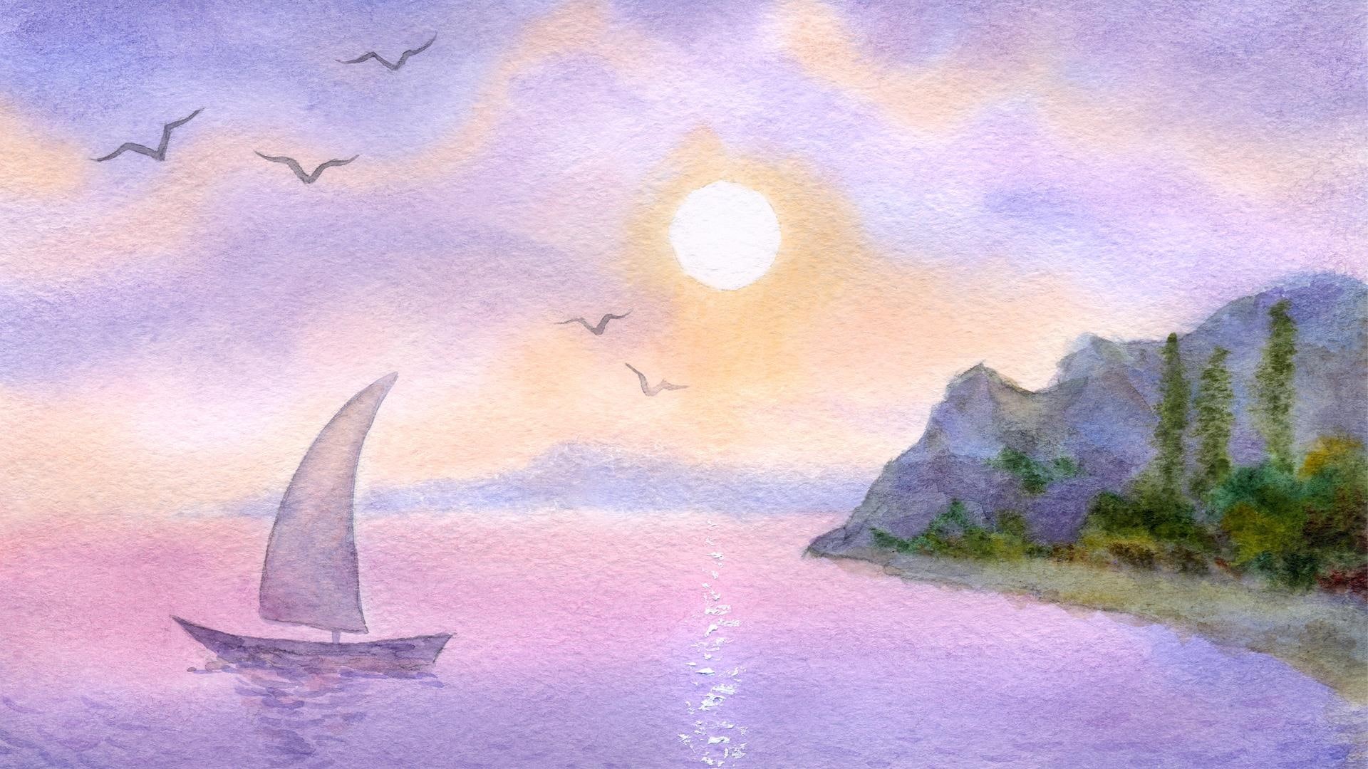trees, pink, lavender, 1080P, sunrise, ocean, birds, sail, painti, watercolor, clouds, pastel, island, sunset, sail boat, HD Wallpaper