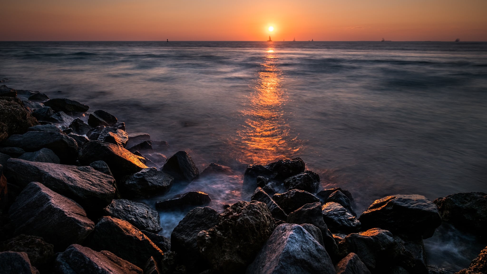 photograph, travel, fine art, 1080P, yellow, coastline, rocks, across, florida, Seascape, depth, natural, beach, summer, pink, calm, landscape, Sunset, HD Wallpaper
