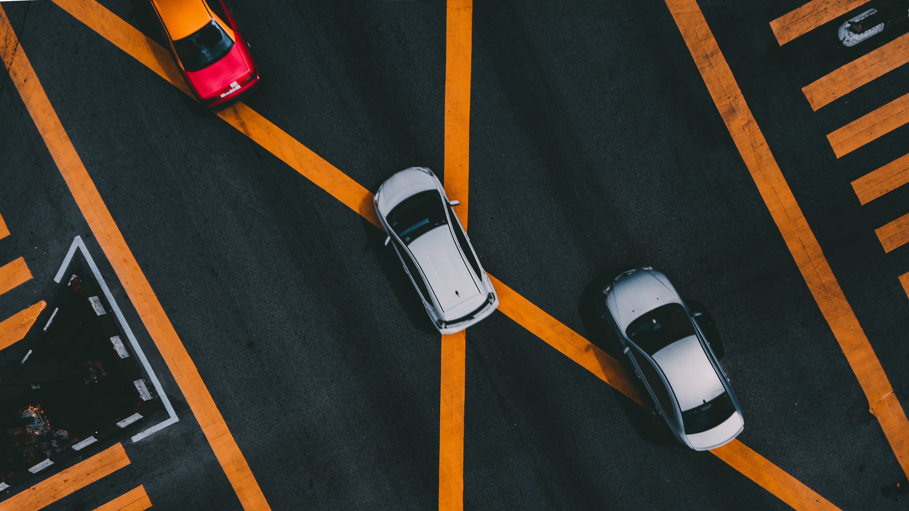 no People, transport, land Vehicle, sign, aerial view, yellow, looking down, moody, warning Sign, world, urban, white, taxi, road, urban Scene, HD Wallpaper
