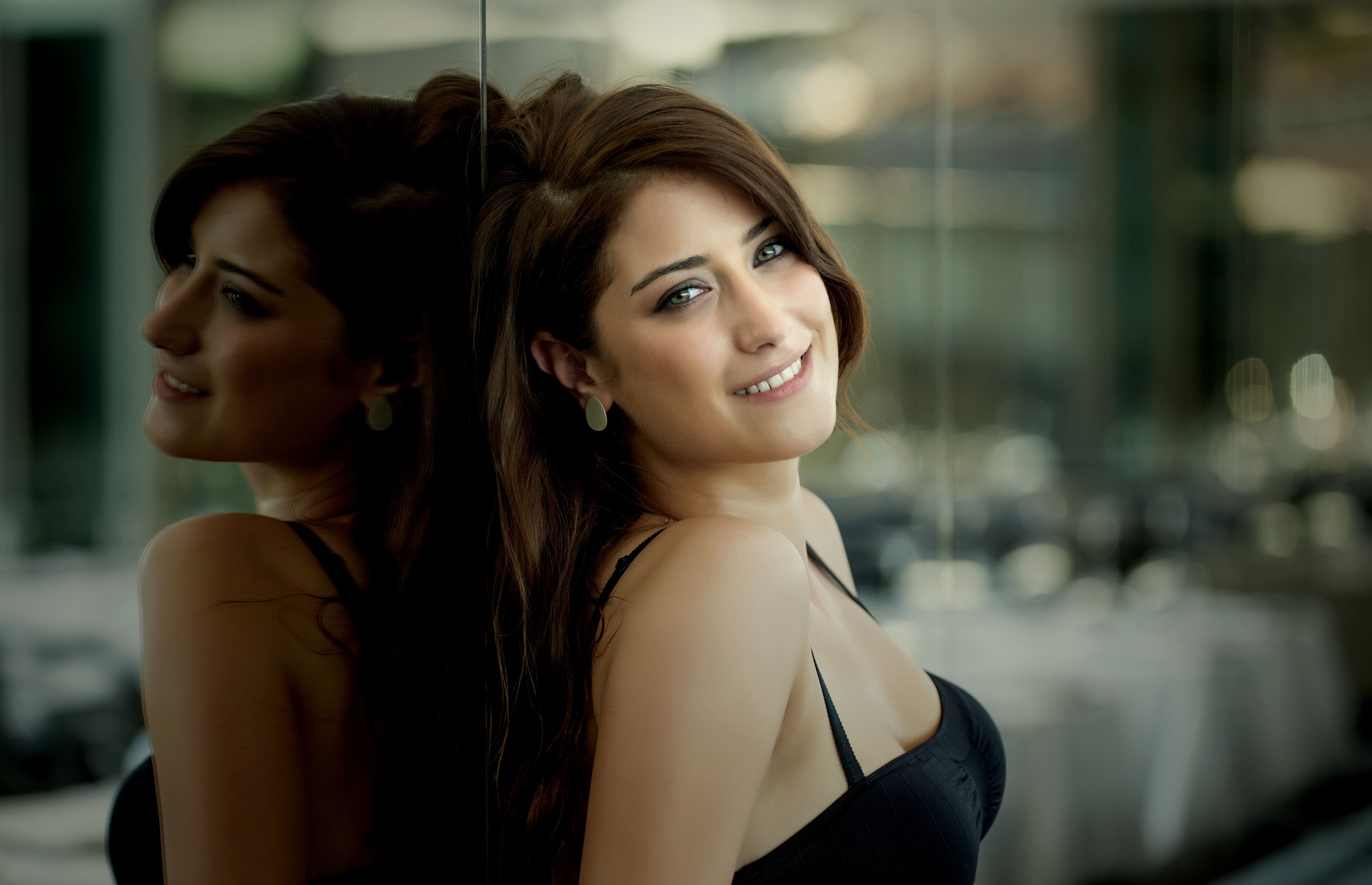 fashion, focus on foreground, two people, actress, brunette, headshot, adult, people, indoors, real people, hairstyle, 5K, happiness, turkish actress, HD Wallpaper
