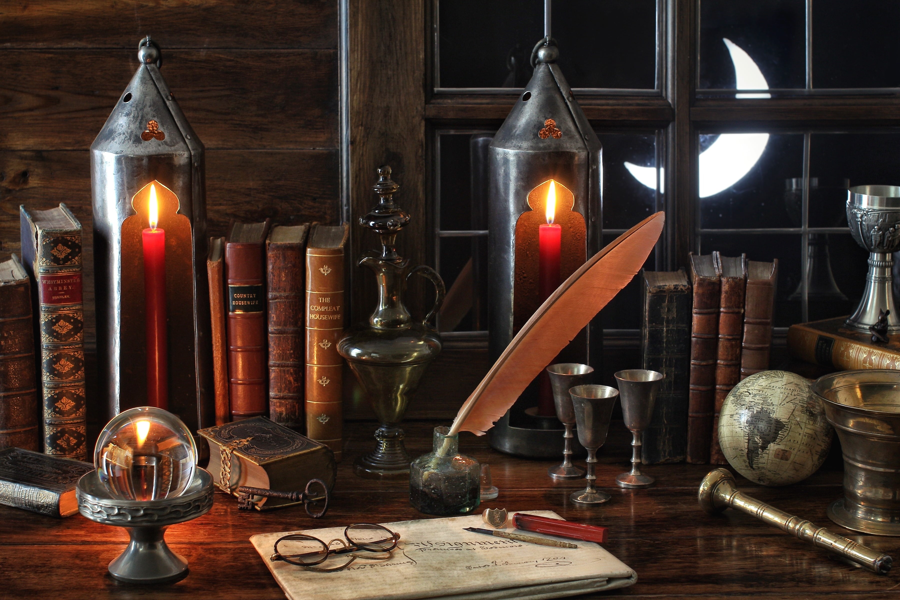 candlestick holder, place of worship, lights, no people, religion, pen, nature, electric lamp, 2K, window, table, glasses, votive, still life, glowing, HD Wallpaper