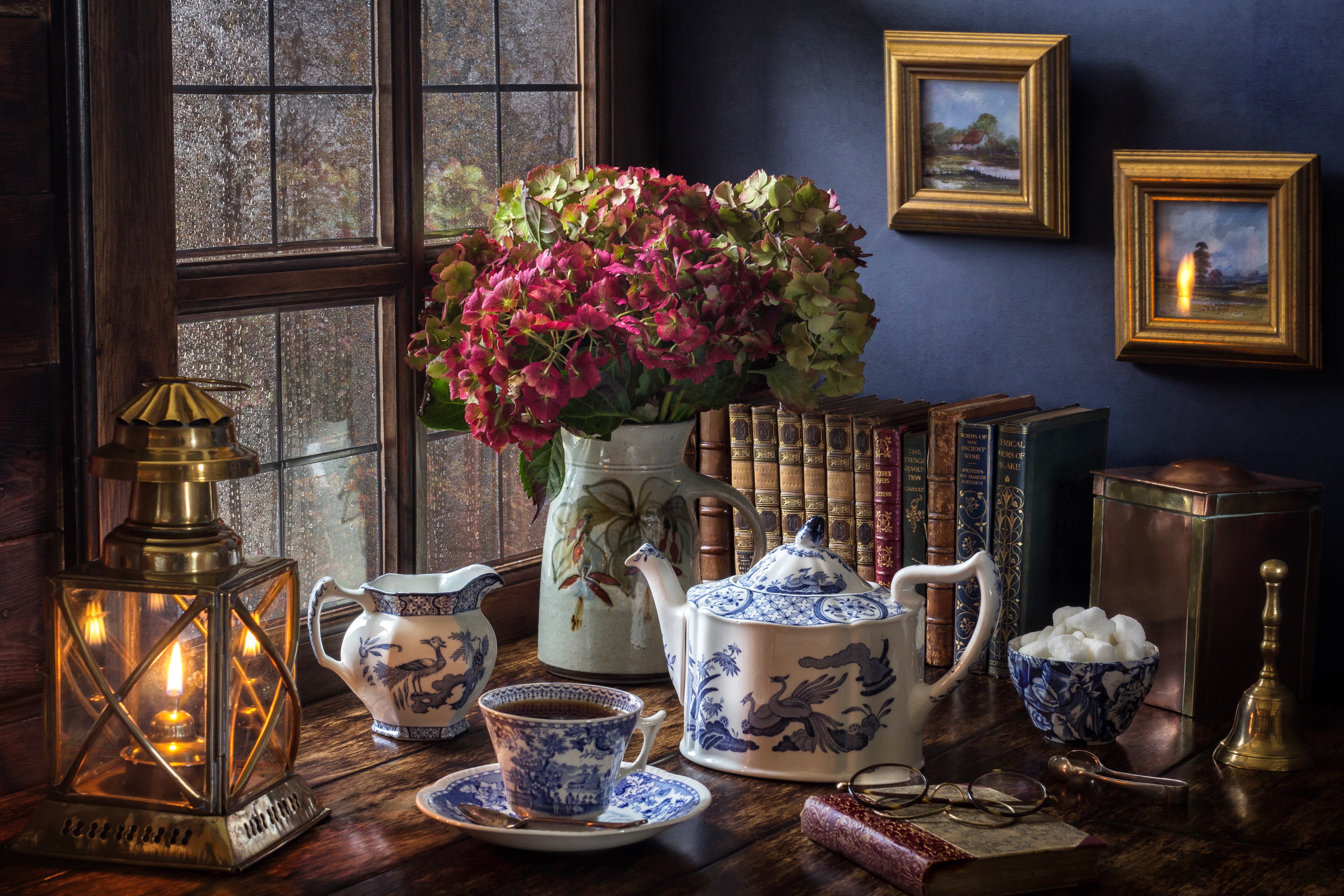 glasses, lantern, books, rain, pictures, sugar, flowers, lamp, kettle, still life, Cup, bouquet, window, tea, style, 5K, hydrangea, HD Wallpaper
