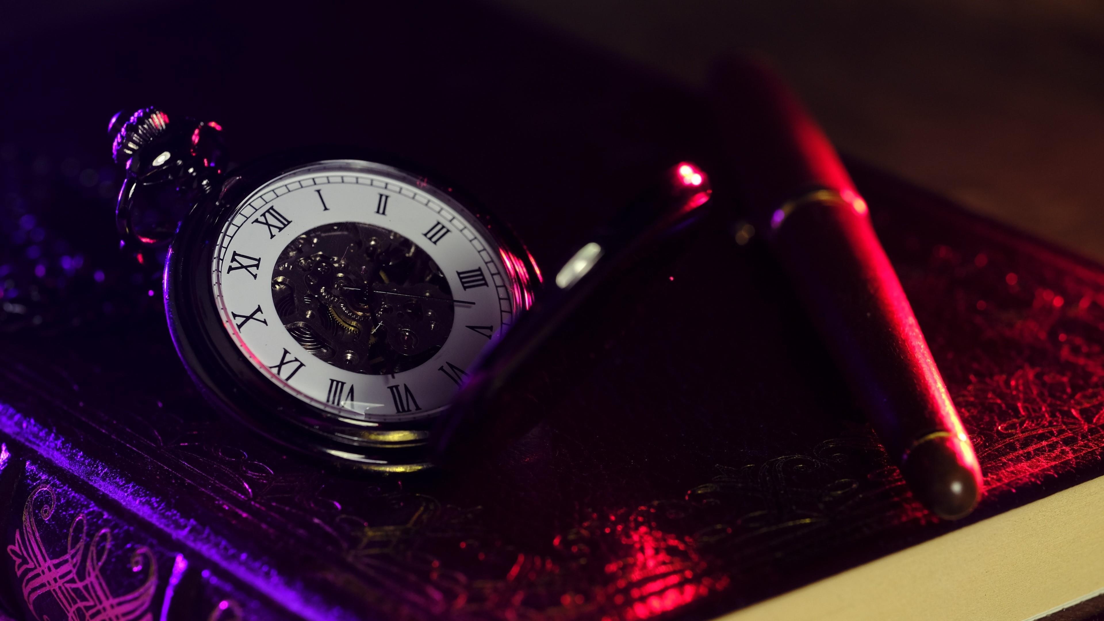 watch, still life, time, 4K, pen, book, pocket watch, still life photography, HD Wallpaper