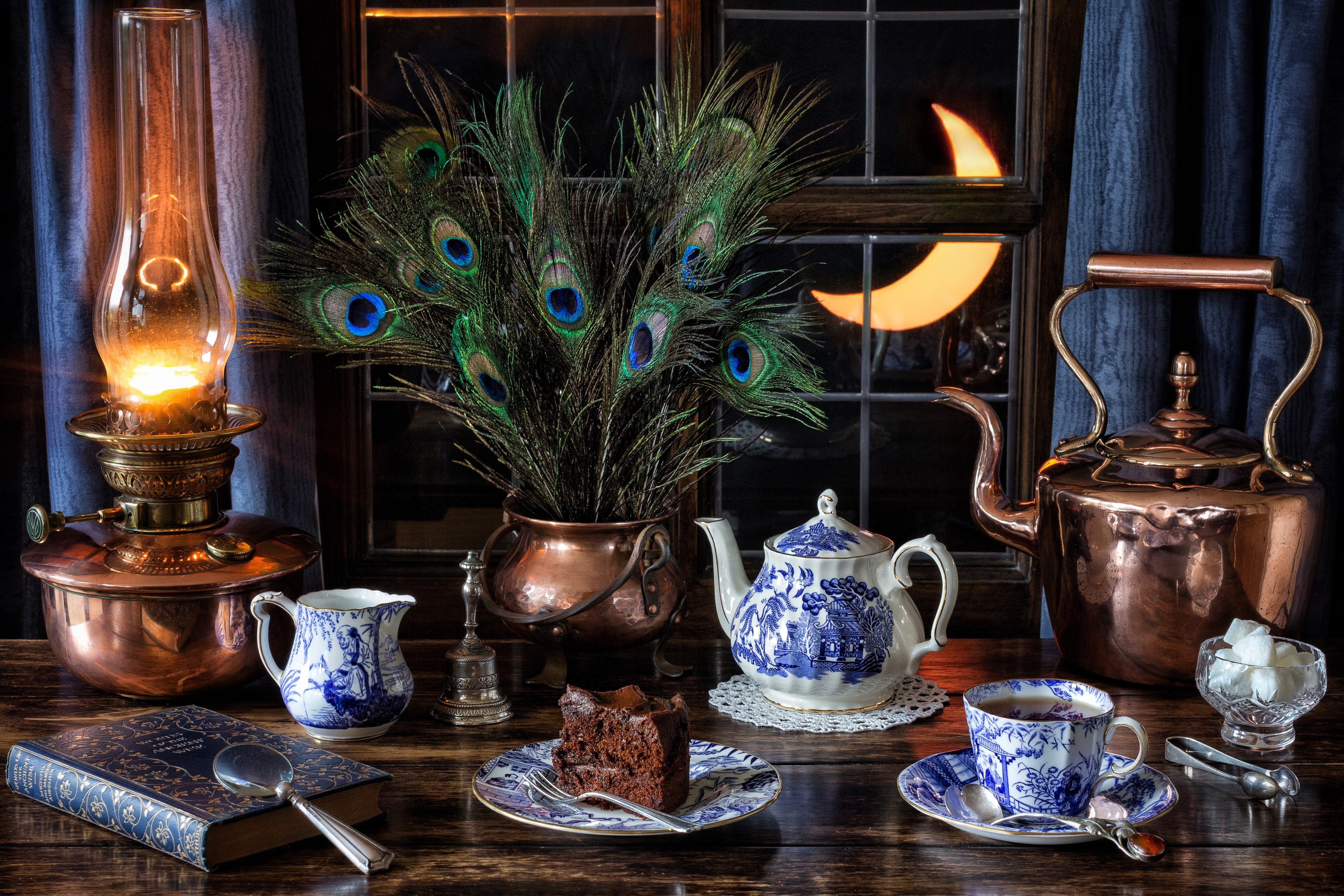 magnifier, lamp, cake, feathers, sugar, kettle, style, Cup, book, a month, 5K, still life, window, peacock feathers, HD Wallpaper