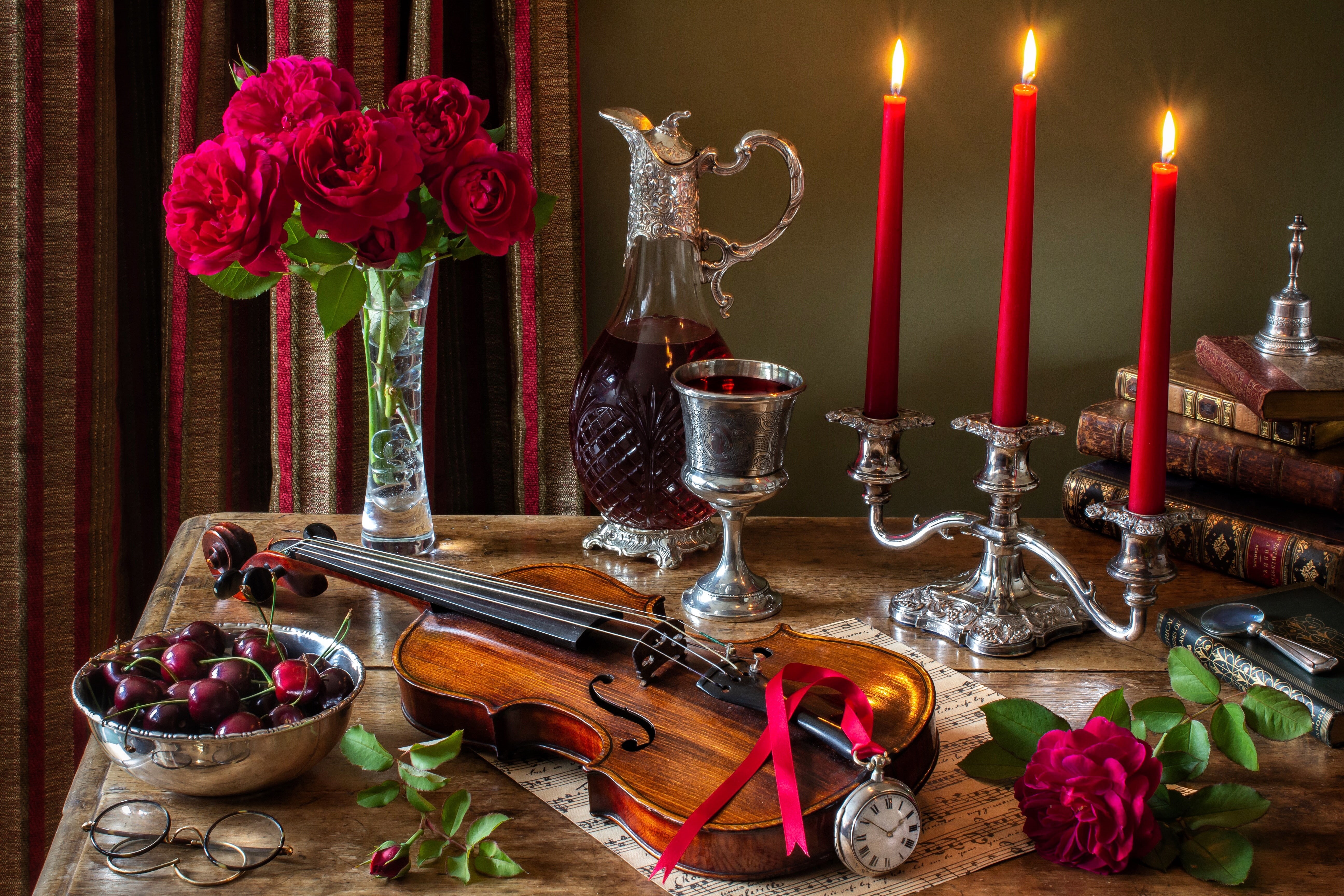 watch, glasses, berries, books, bouquet, roses, glass, still life, wine, decanter, violin, notes, candle holder, cherry, style, 5K, candles, flowers, HD Wallpaper