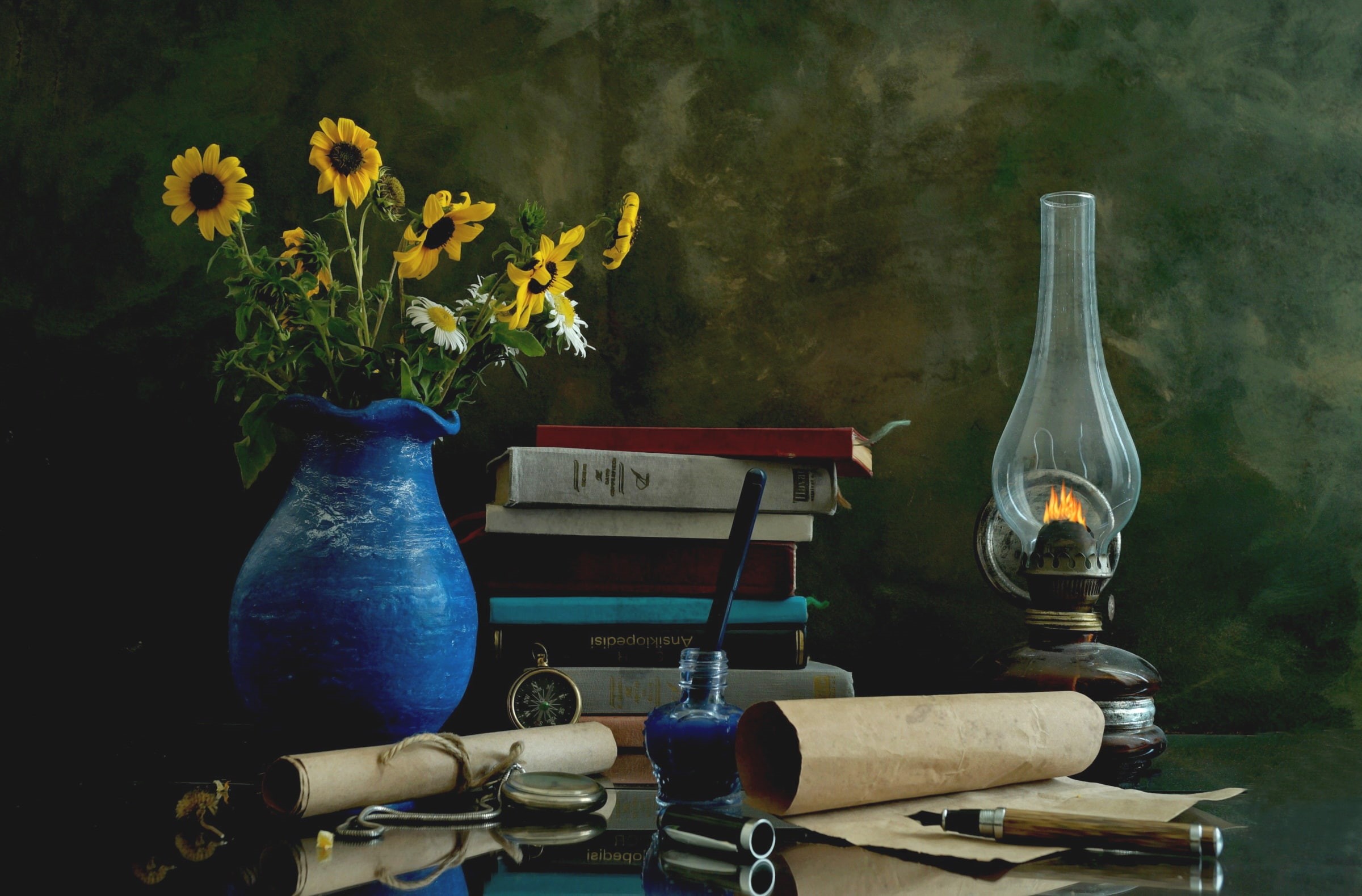 watch, books, flowers, lamp, still life, 1080P, ink, scroll, HD Wallpaper