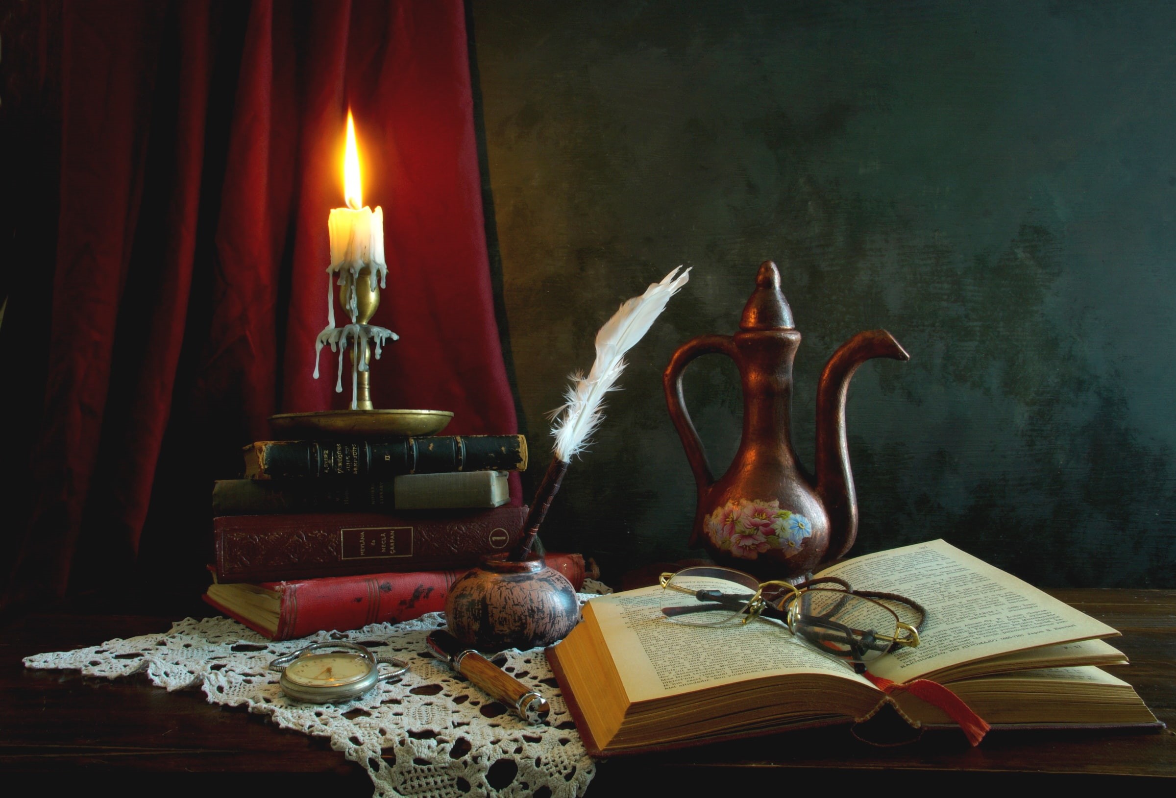 pen, candle, glasses, books, 1080P, coffee pot, watch, still life, HD Wallpaper