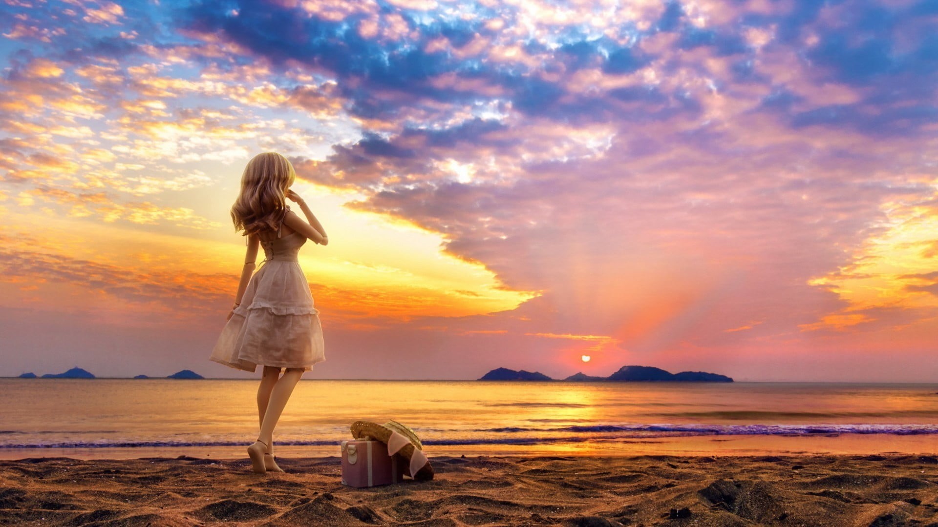 beach, miniatures, white dress, cloud - sky, hat, s, standing, adult, doll, leisure activity, outdoors, sky, orange color, blonde, suitcase, dress, sunset, HD Wallpaper