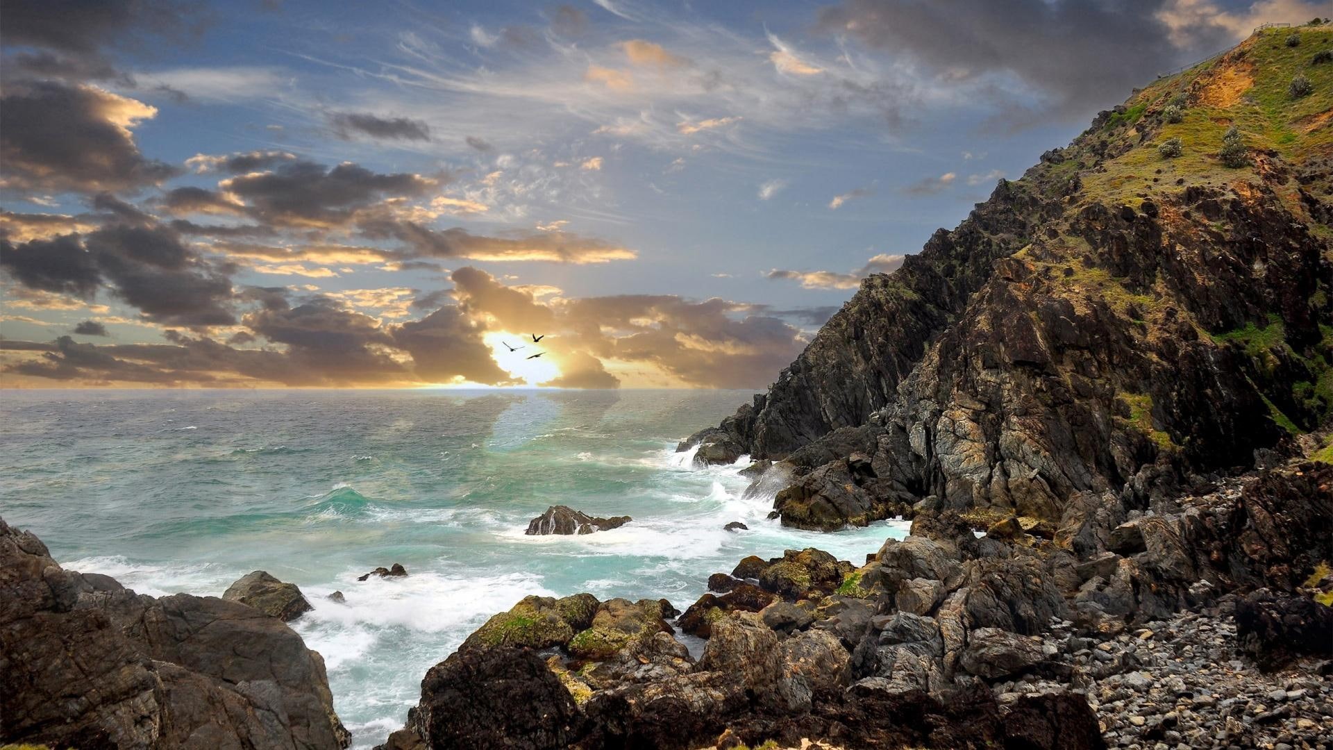 awesome, sunset, bay, waves, nature and landscapes, birds, australia, byron, 1080P, rocks, shore, HD Wallpaper