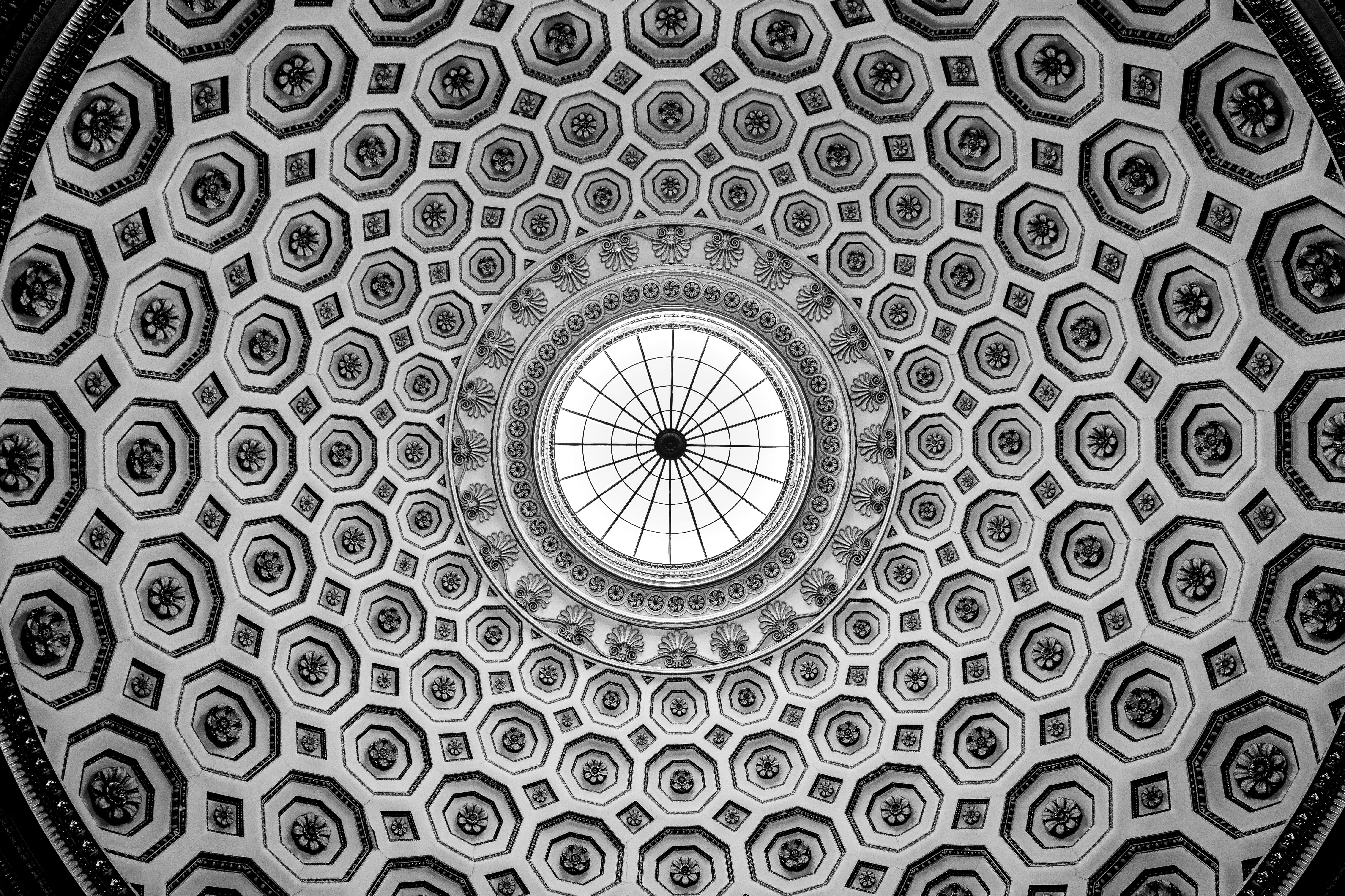 contrast, no people, roof, cupola, kedleston hall, background, pattern, cathedral, church, built structure, center, design, fractal, geometric shape, ceiling, HD Wallpaper