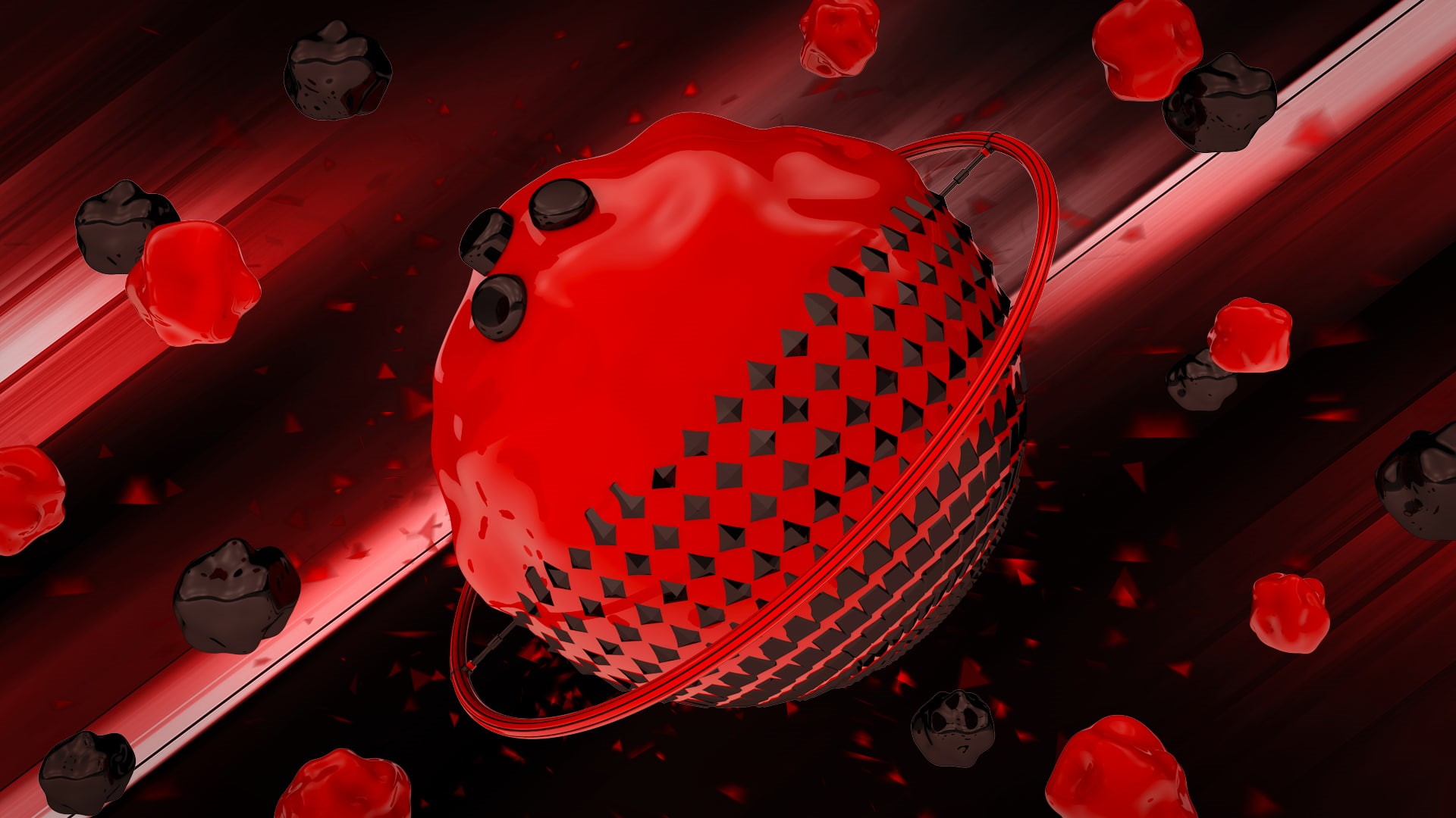 black, 3D Abstract, contrast, reflection, floating particles, 1080P, line art, red, black background, abstract, HD Wallpaper