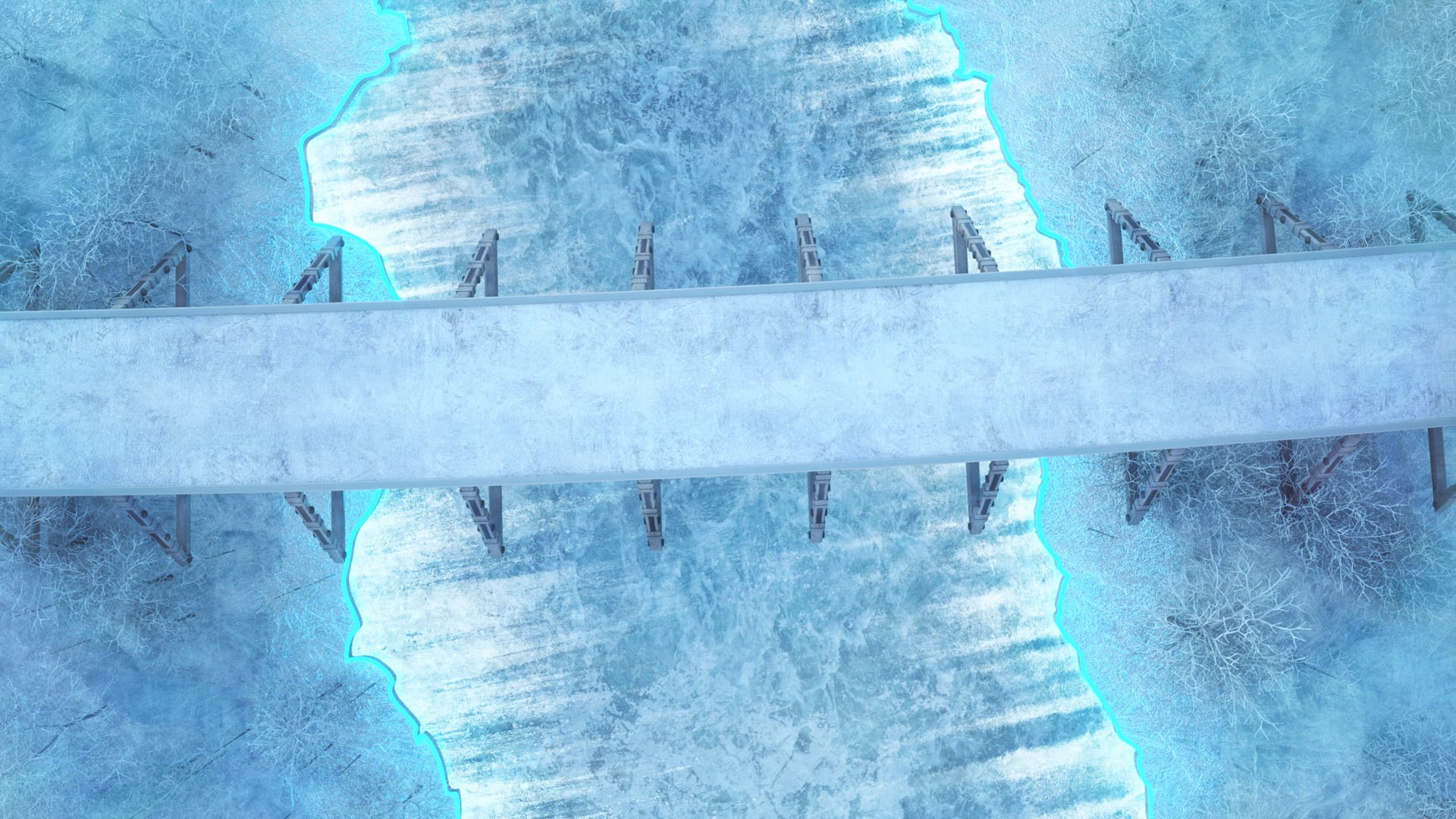 1080P, winter, road, cold, bridge, frozen river, frozen water, neon glow, floating particles, concrete, trees, grunge, ice, pillar, cracked, neon, HD Wallpaper