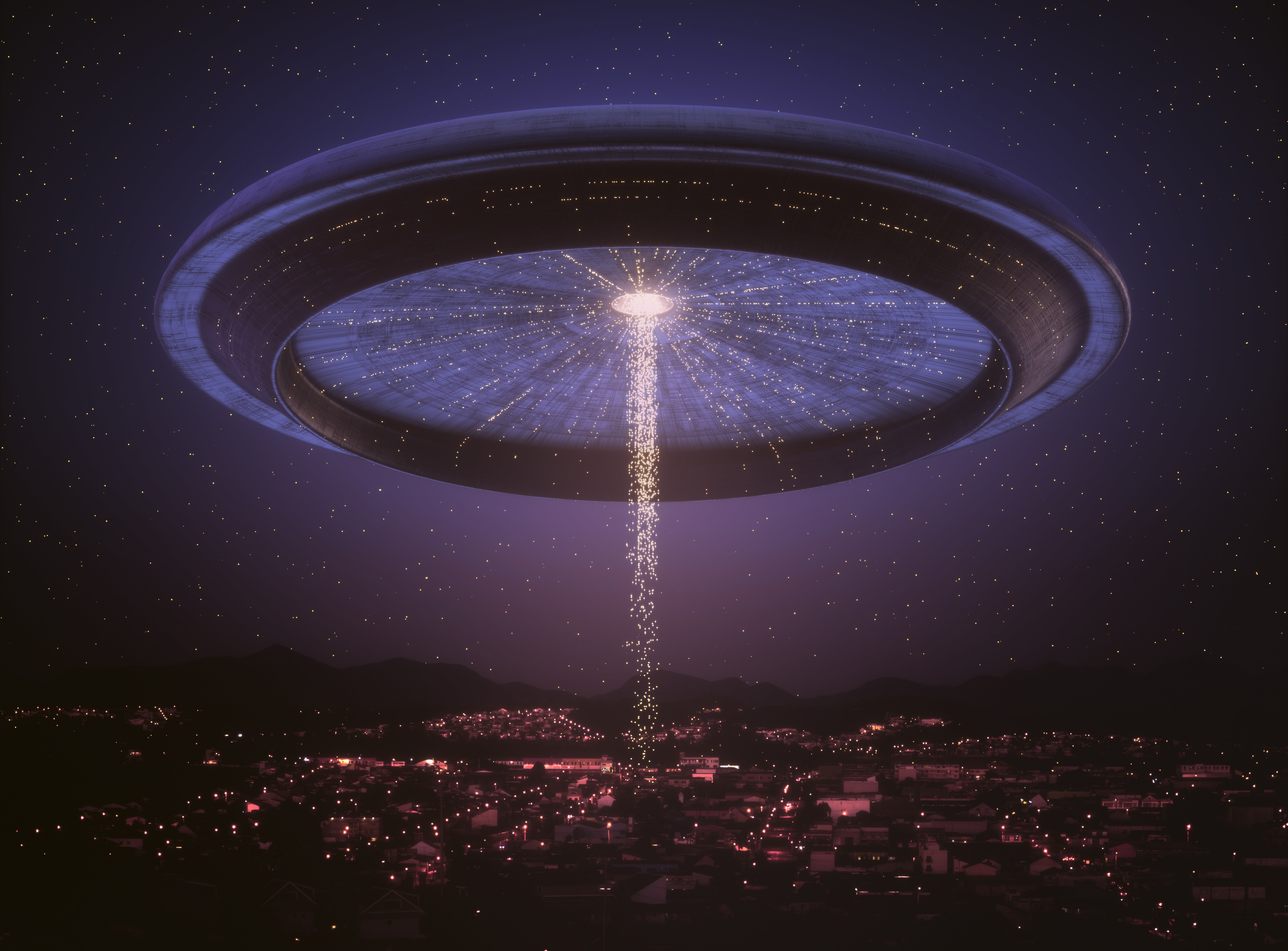 spaceship, night, artwork, 5K, futuristic, UFO, city, science fiction, stars, lights, floating particles, HD Wallpaper