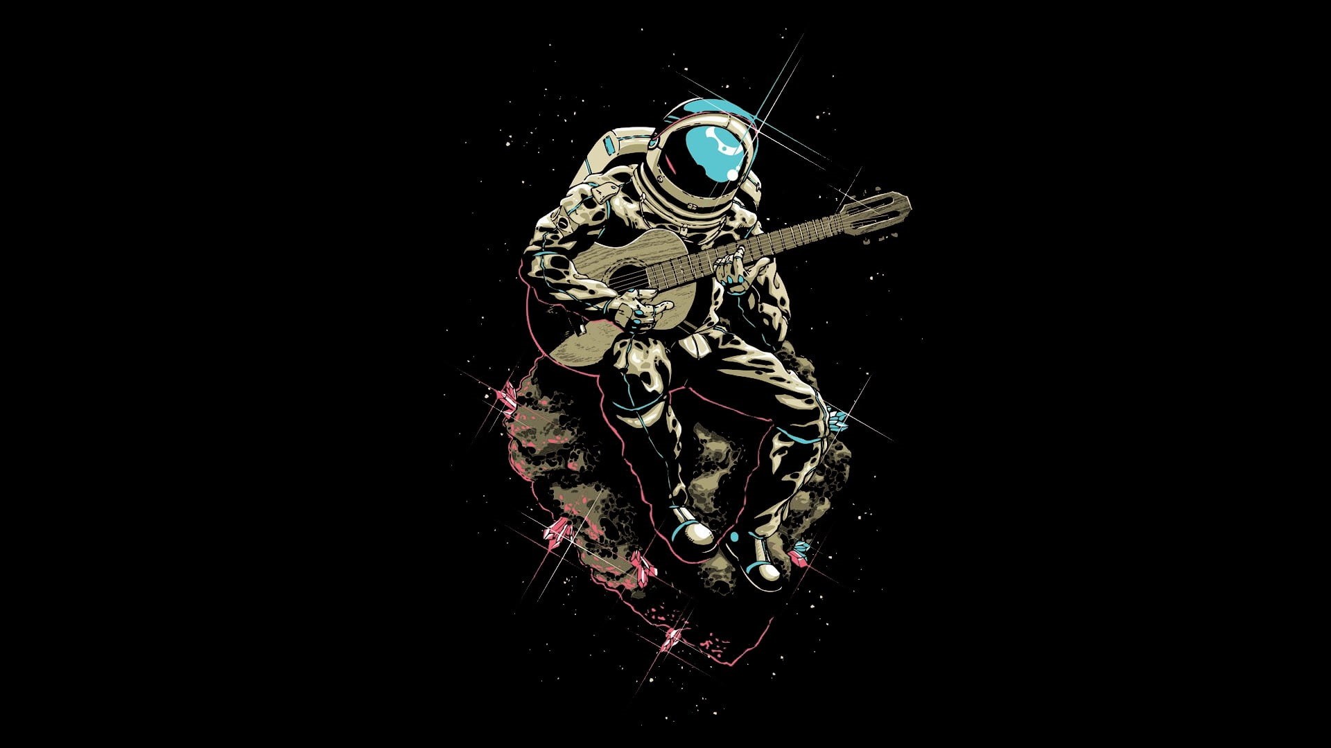 asteroid, 1080P, guitar, digital art, astronaut, spacesuit, sitting, music, black, black background, playing, humor, space suit, Brazil, space, musician, HD Wallpaper