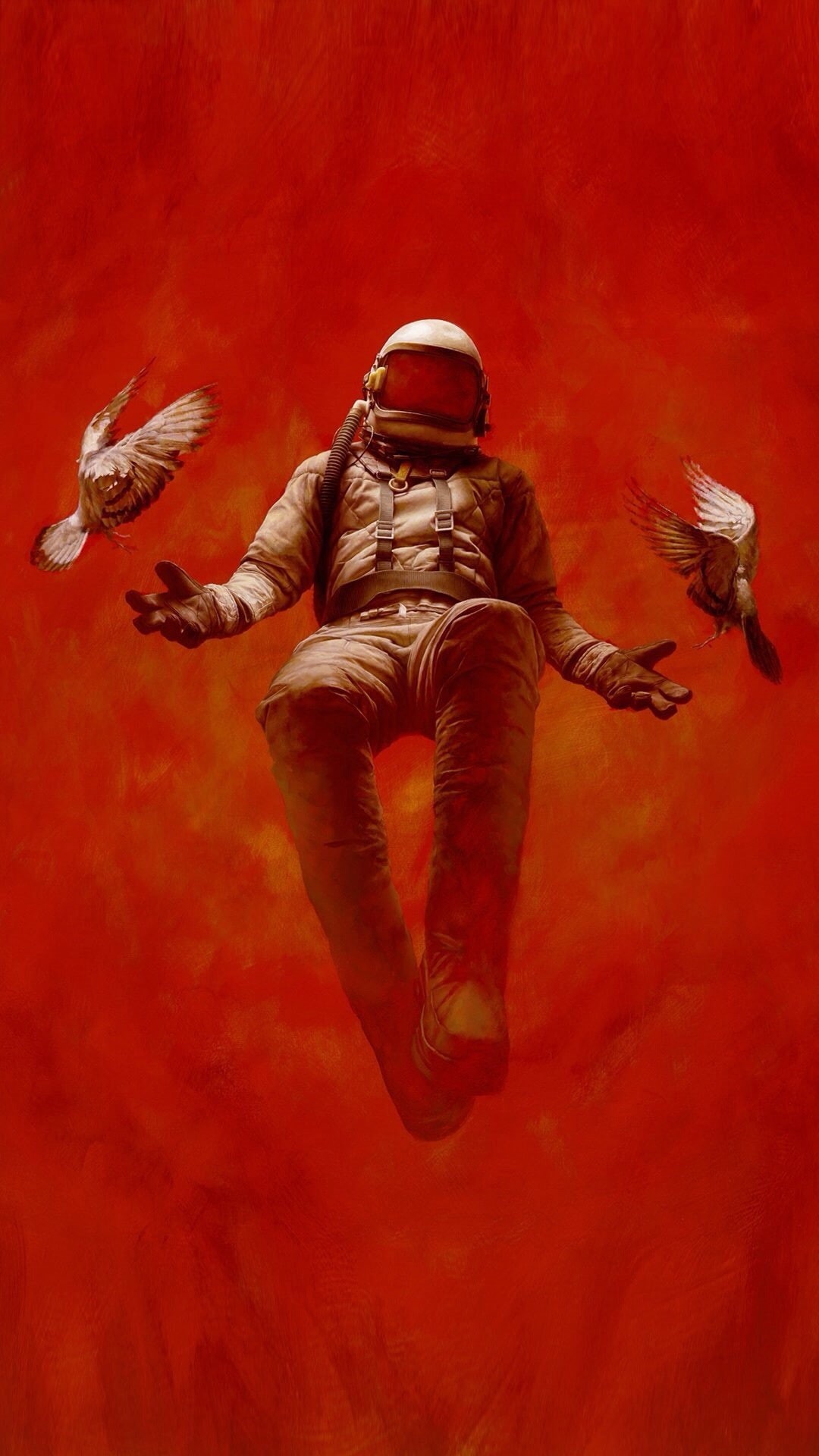 dove, simple background, minimalism, digital art, 1080P, birds, gloves, helmet, portrait display, flying, astronaut, red background, spacesuit, fire, Phone HD Wallpaper
