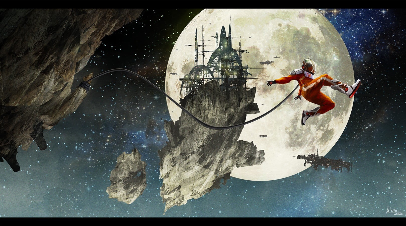 animal themes, astronaut, Moon, underwater, wires, jumping, illustration, spaceship, sky, castle, animal, spacesuit, animal wildlife, reflection, no people, HD Wallpaper