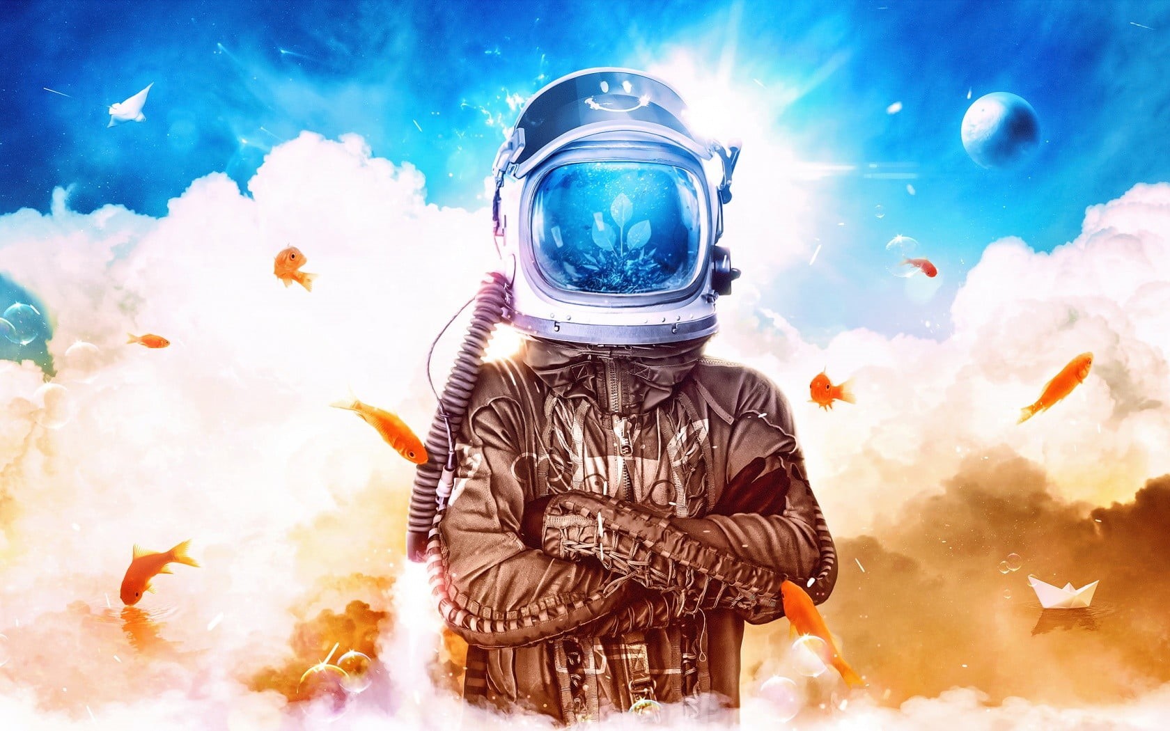 blue, real people, Desktopography, digital composite, astronaut, standing, swimming, Visum, safety, blueprints, men, fish, nature, surreal, water, spacesuit, HD Wallpaper