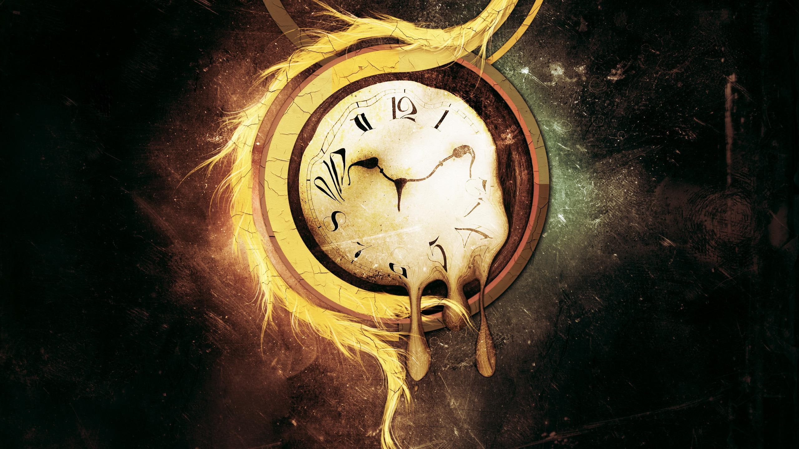 digital art, melting, artwork, 2560x1440, time, brown, liquid, 2K, beige, clock, HD Wallpaper