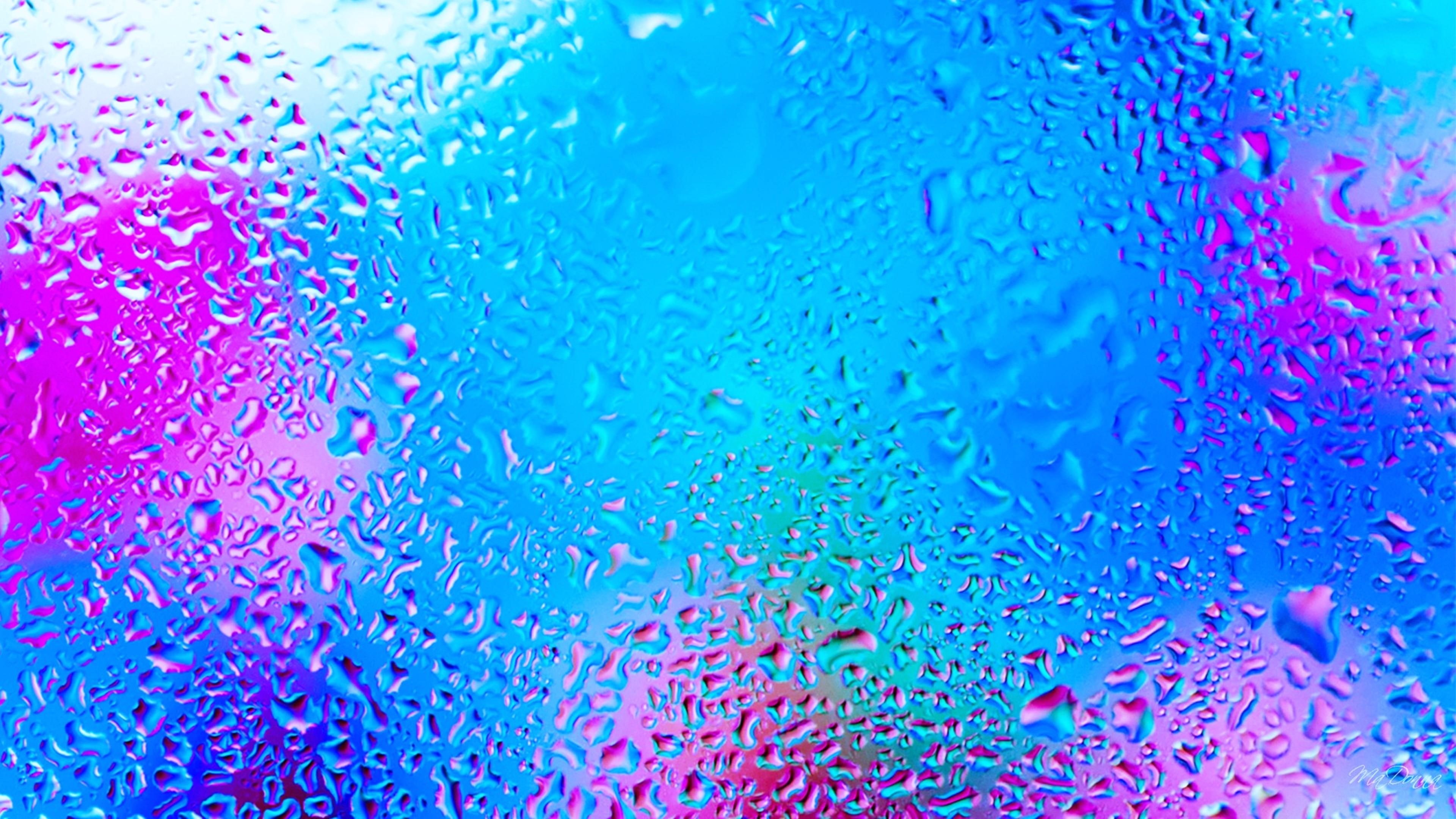 waterdrop, abstract, drops, droplets, blue, 4K, glass, blurred, HD Wallpaper
