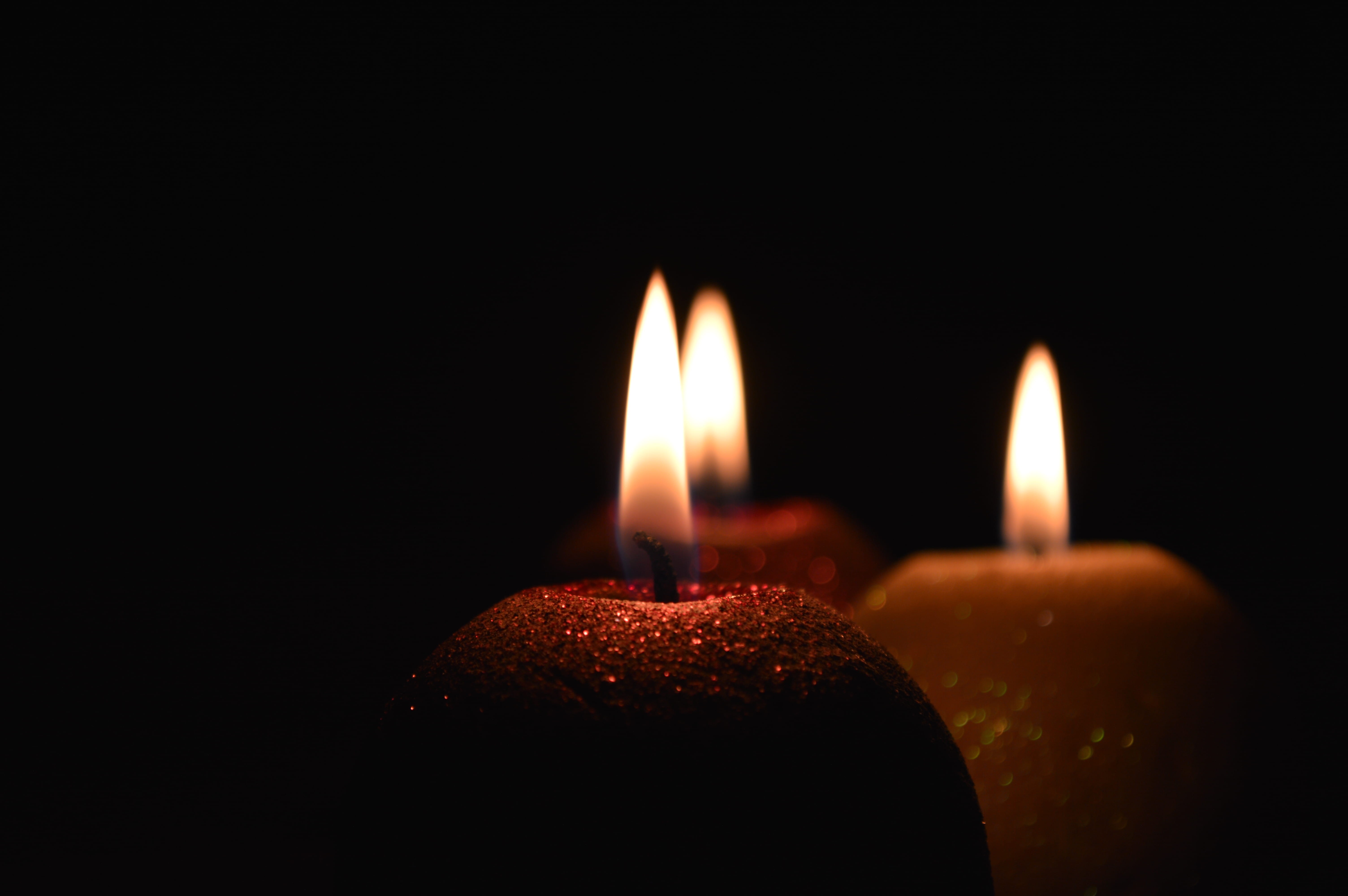 close-up, focus, domestic room, black background, three, illuminated, flame, candles, studio shot, heat - temperature, luminosity, no people, temptation, HD Wallpaper