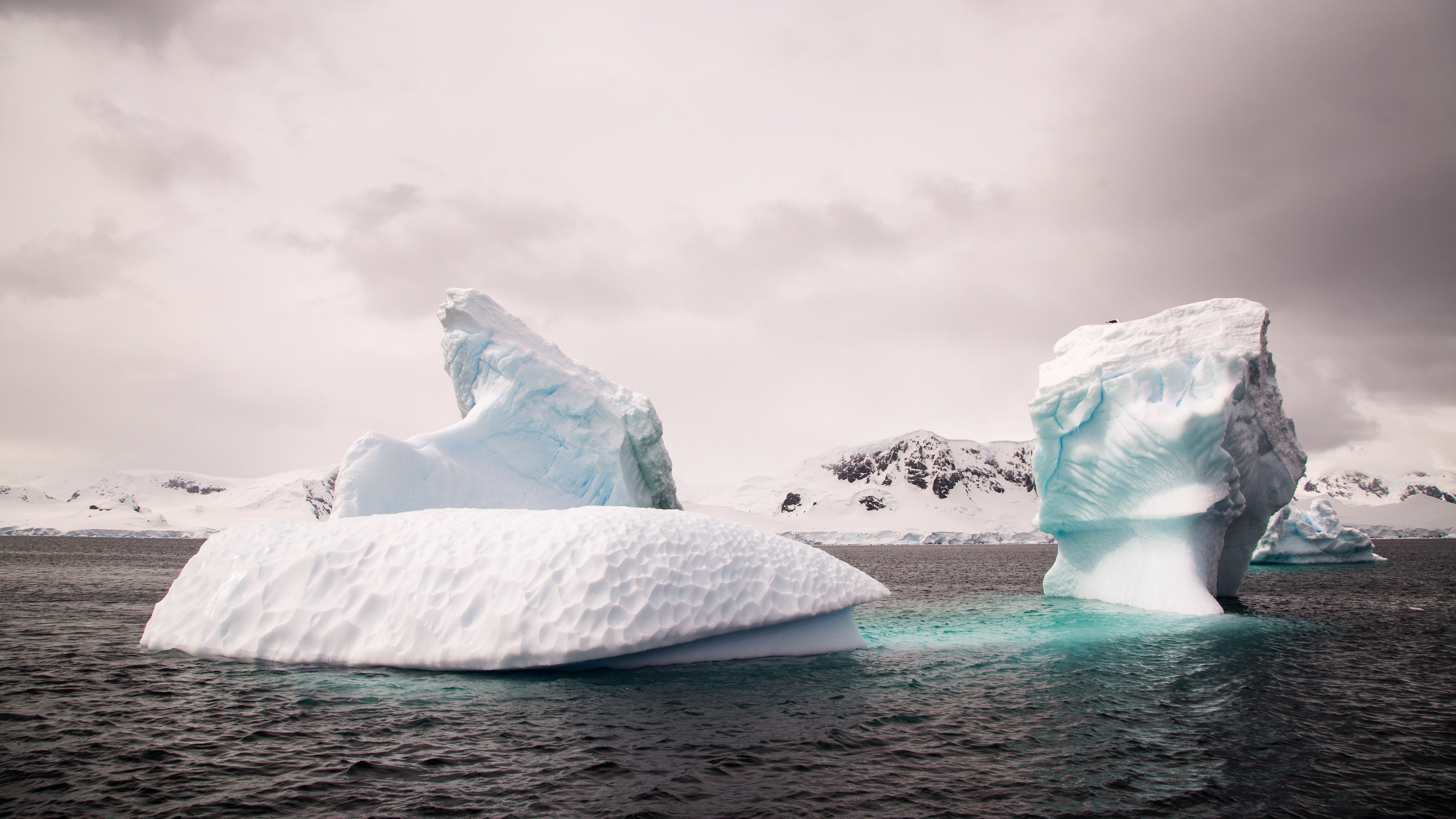 cloudy, melting, bergs, antartica, island, sea, landscape, 5K, sky, cloud - sky, lagoon, ocean, body, ice, beauty in nature, berg, floating on water, wilderness, HD Wallpaper