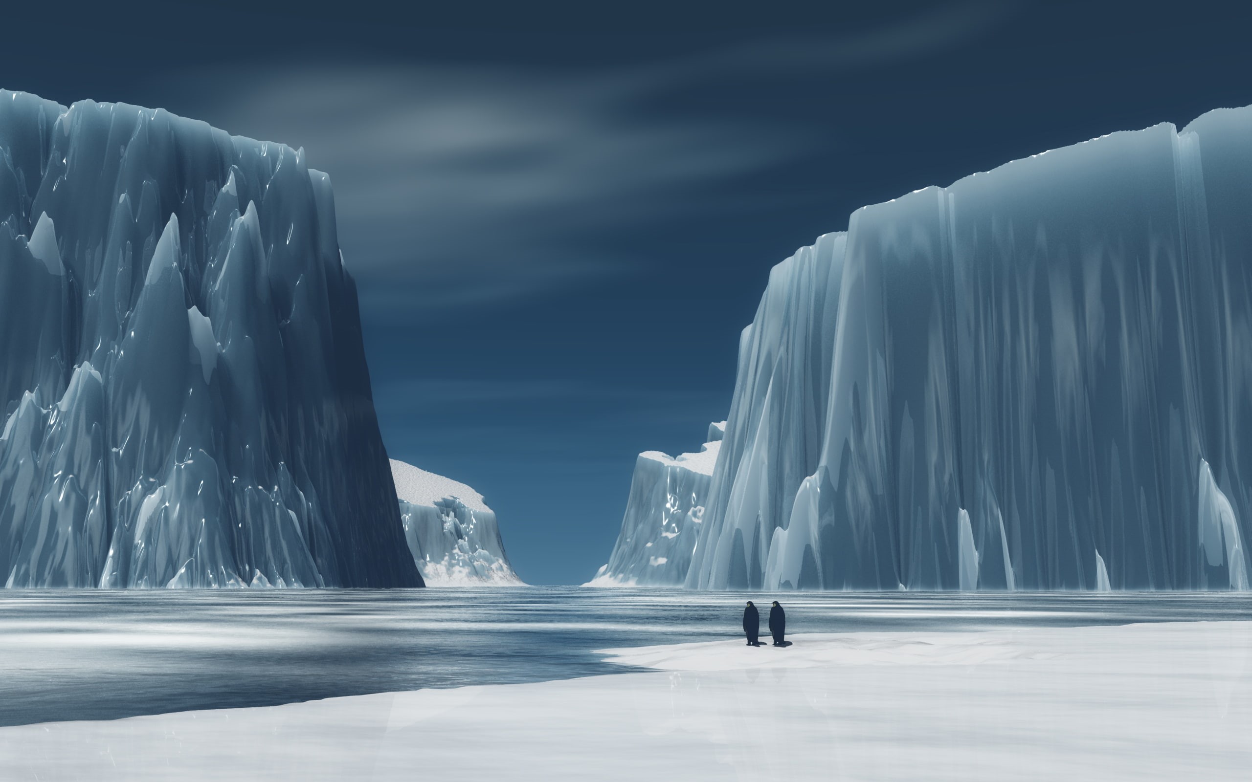 animals, bergs, cold, seascape, blue, 2K, digitalrendering, white, water, penguins, vue, nature, fictional, icebergs, landscape, winter, ice, birds, ocean, HD Wallpaper