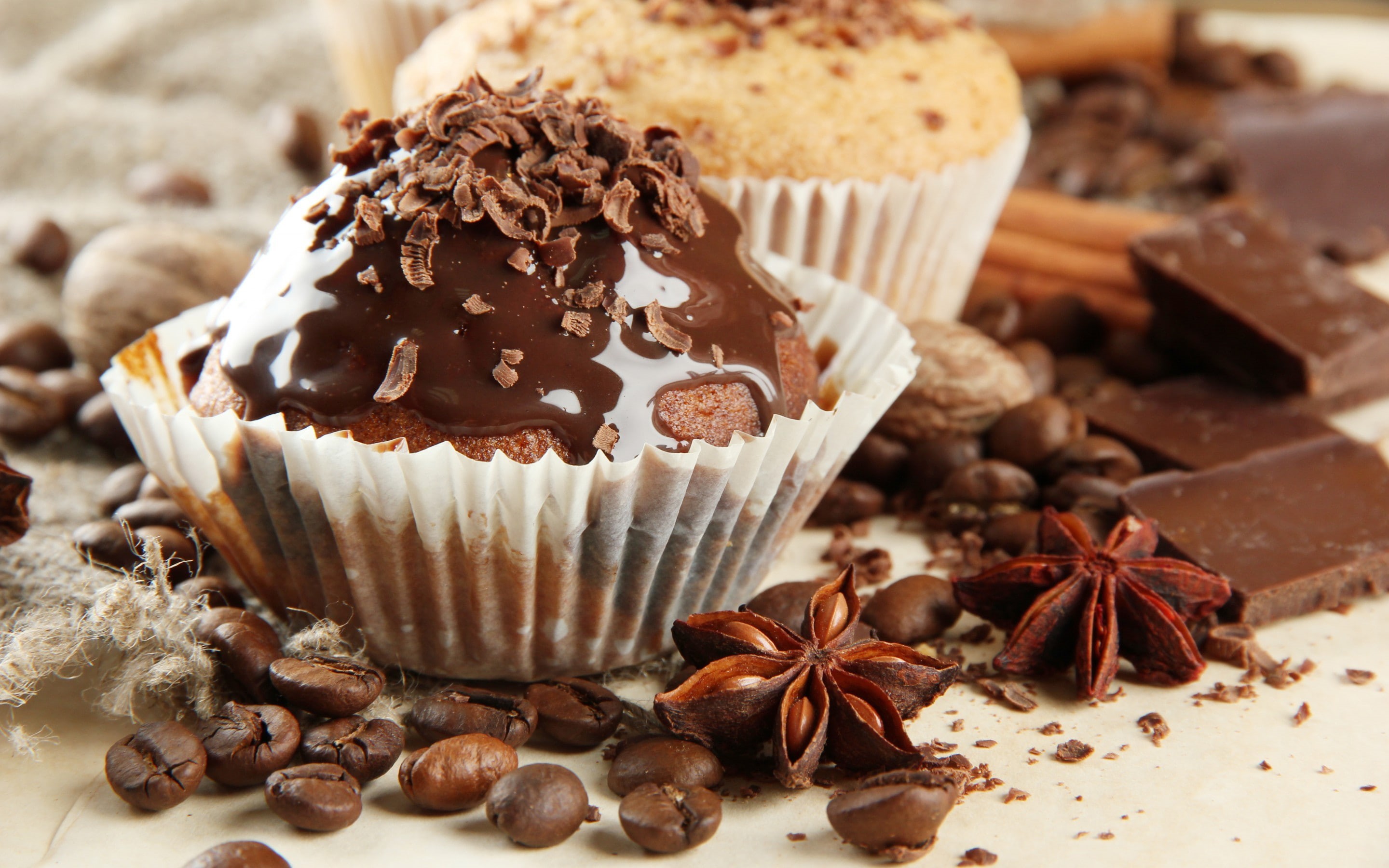 coffee, food, sweet, chocolate, dessert, grains, pastries, anise, 2K, cupcakes, spices, HD Wallpaper