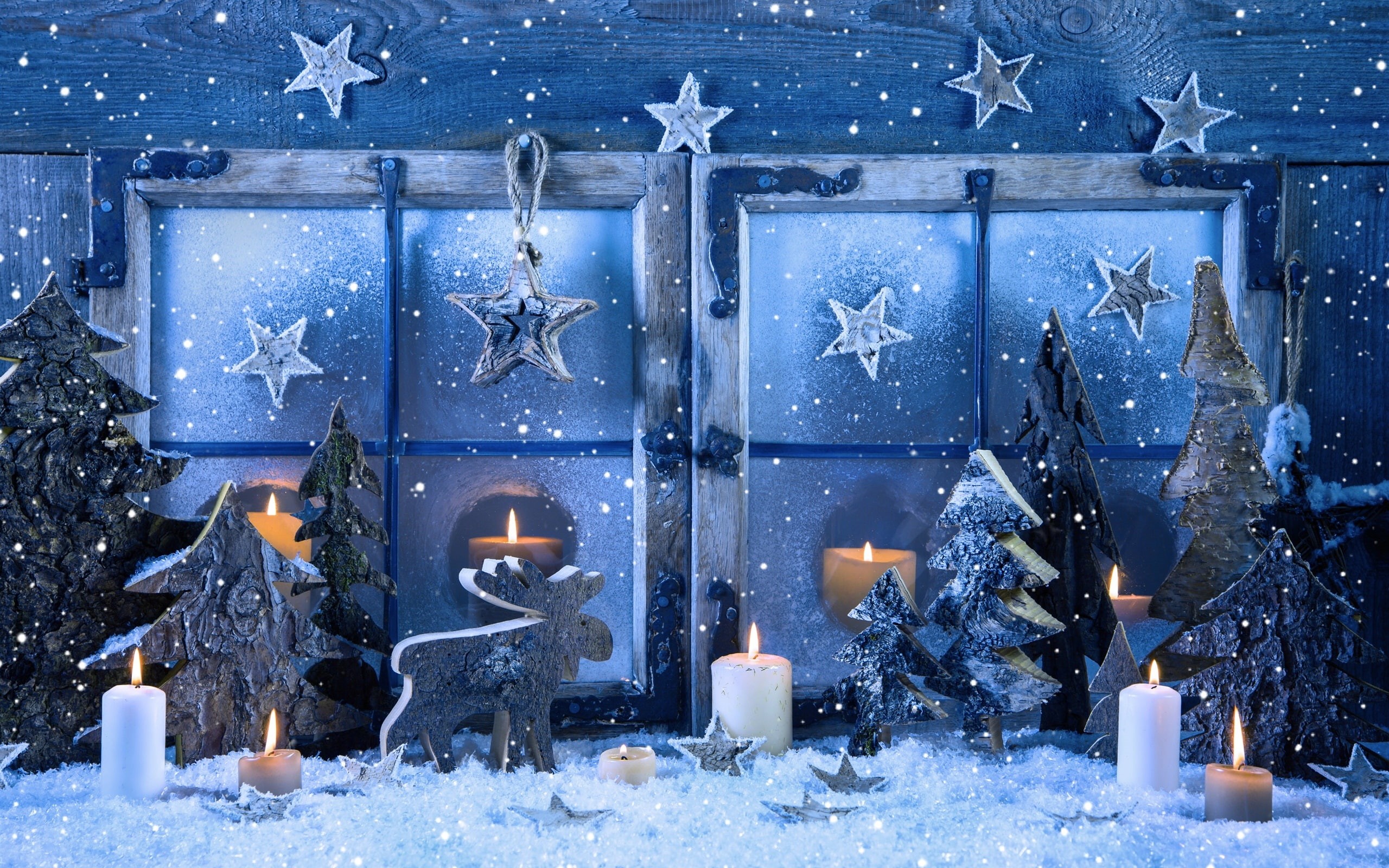 decor, Candles, Winter, Merry, Snowflakes, Snow, village, Christmas, home, Window, 2K, HD Wallpaper