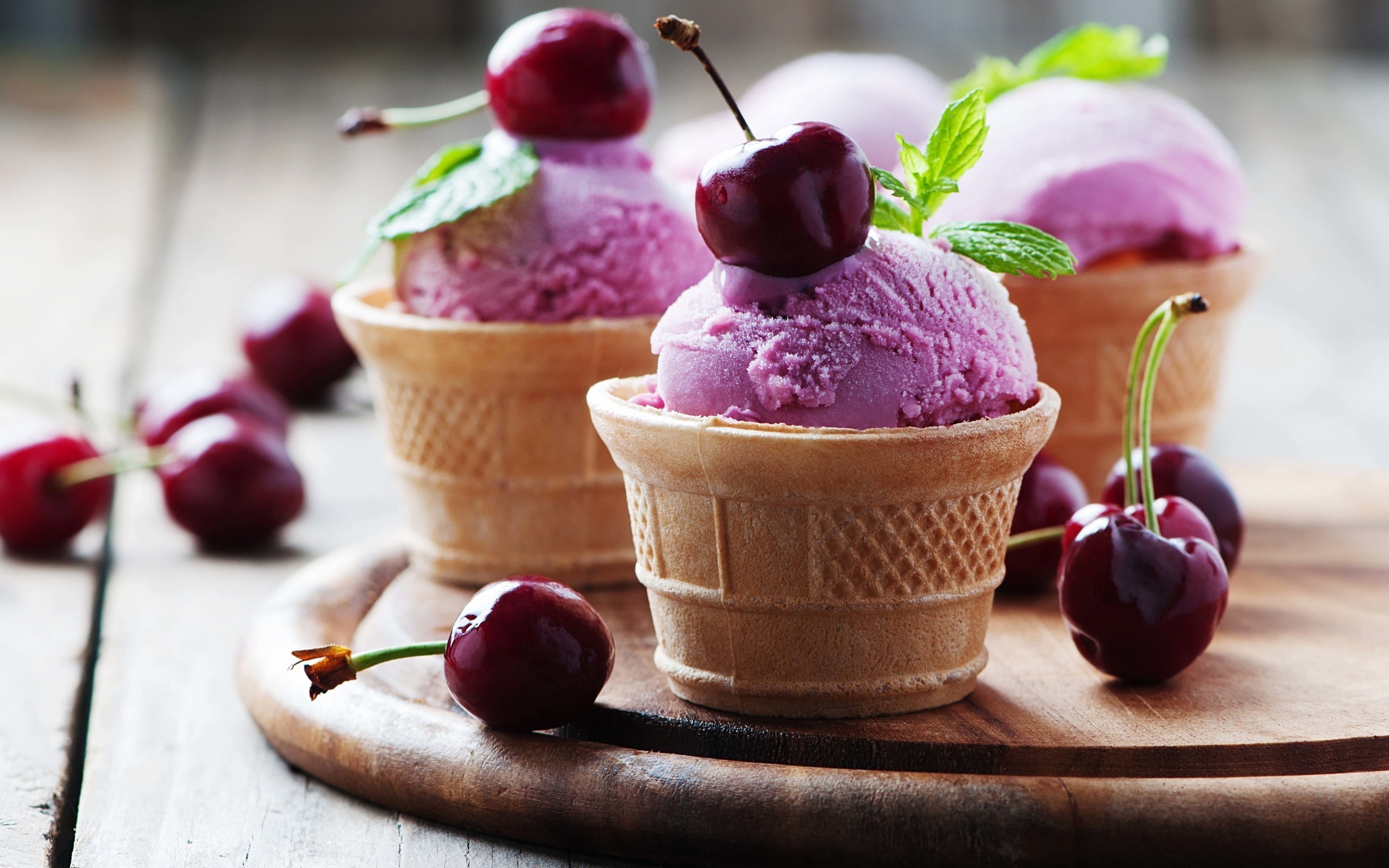 waffle, cherry, cherries, cream, ice, purple, cone, ice cream, 2K, HD Wallpaper