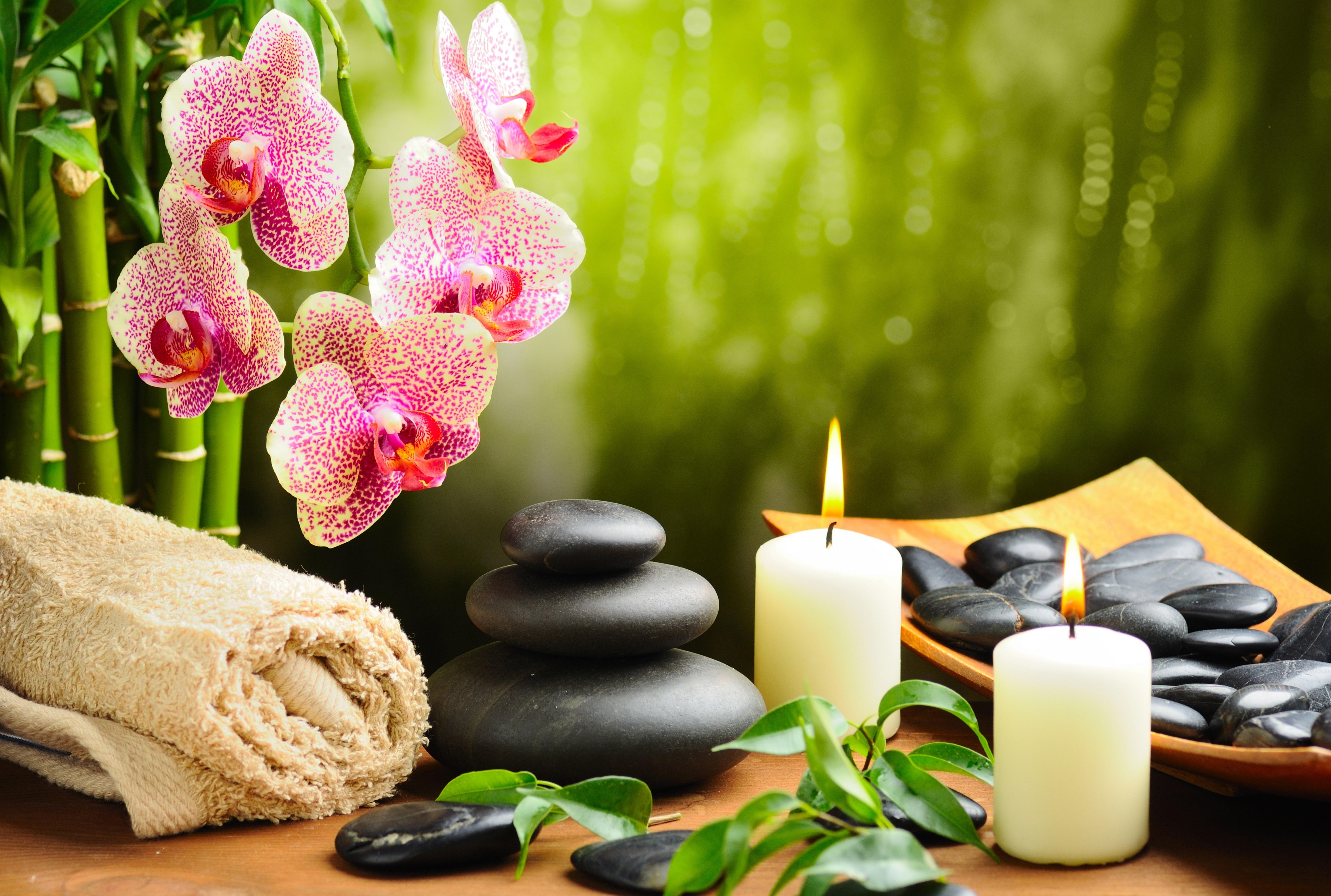 5K, stones, orchid, flowers, candles, HD Wallpaper