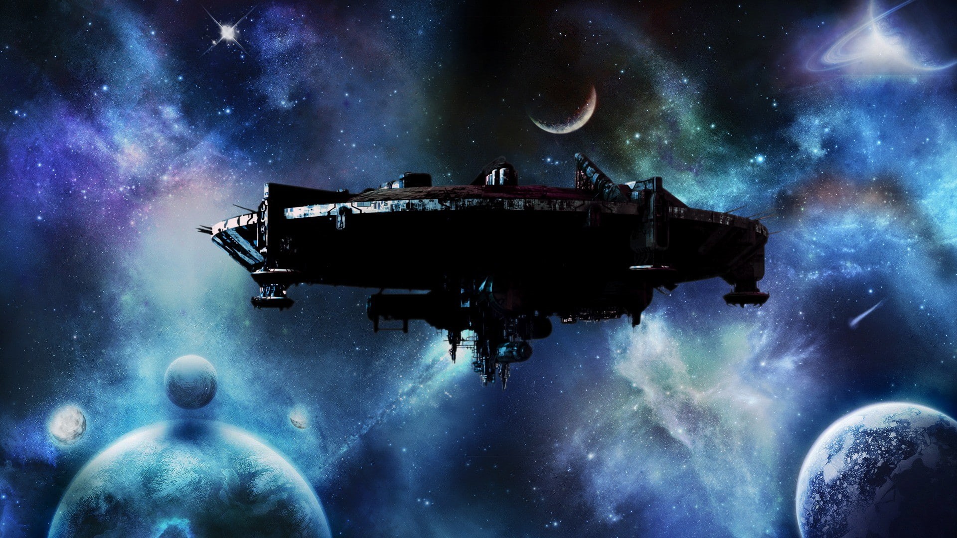 planet - space, blue, composite image, nature, sky, star - space, water, moon, motherships, flying, night, space exploration, 1080P, no people, UFO, space, HD Wallpaper
