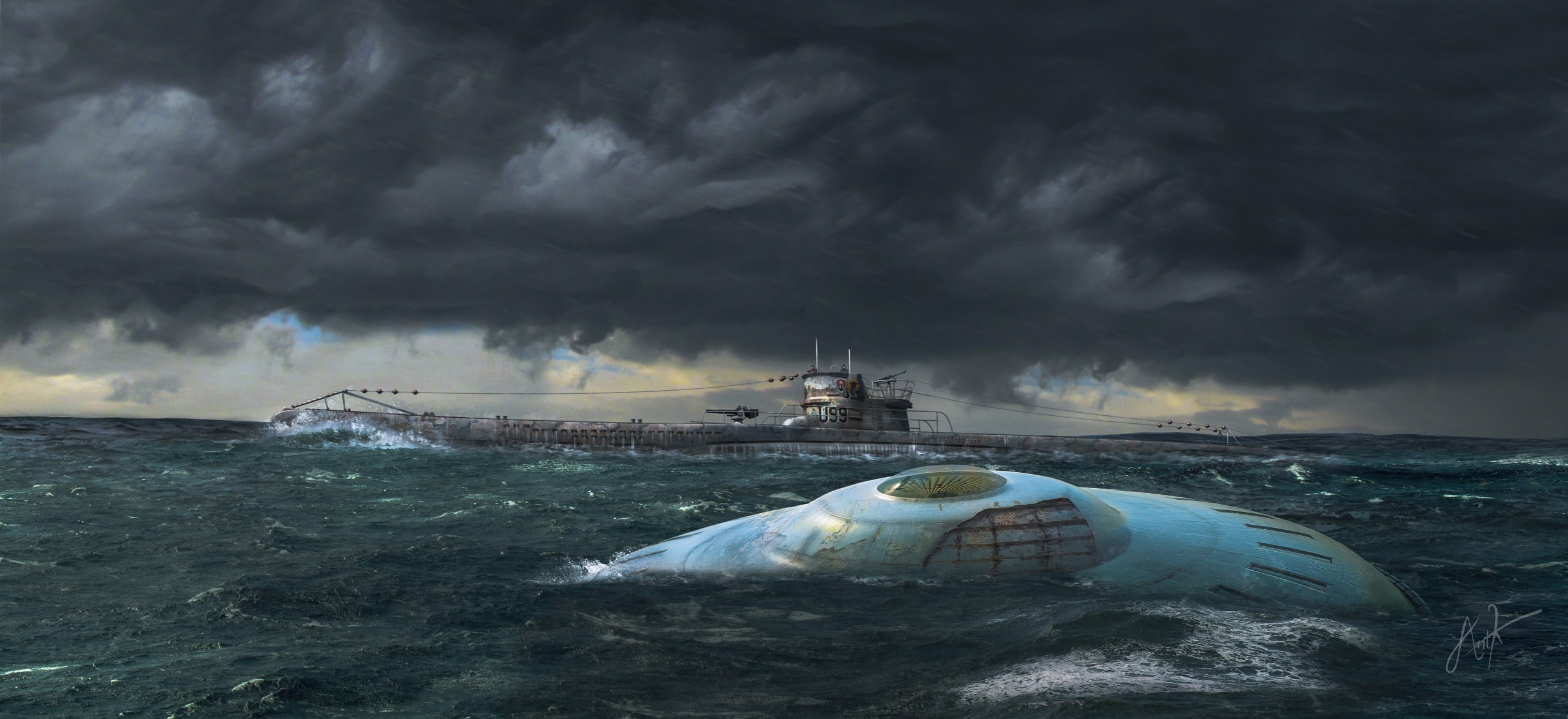 artwork, submarine, UFO, 2K, HD Wallpaper