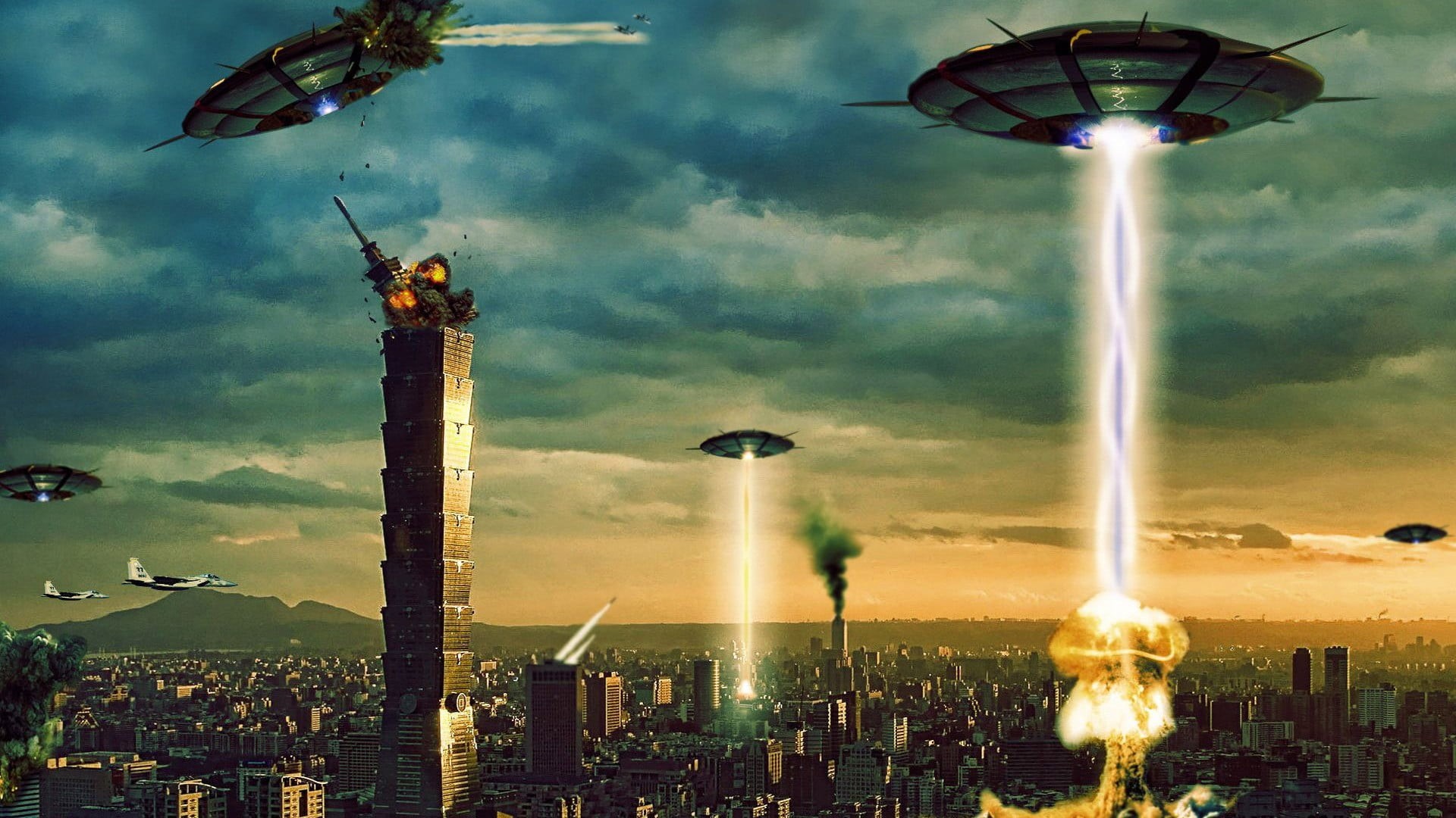 1080P, skyscraper, nature, sunset, architectural column, tower, illuminated, aliens, UFOs, destruction, office building exterior, city, building, travel destinations, HD Wallpaper