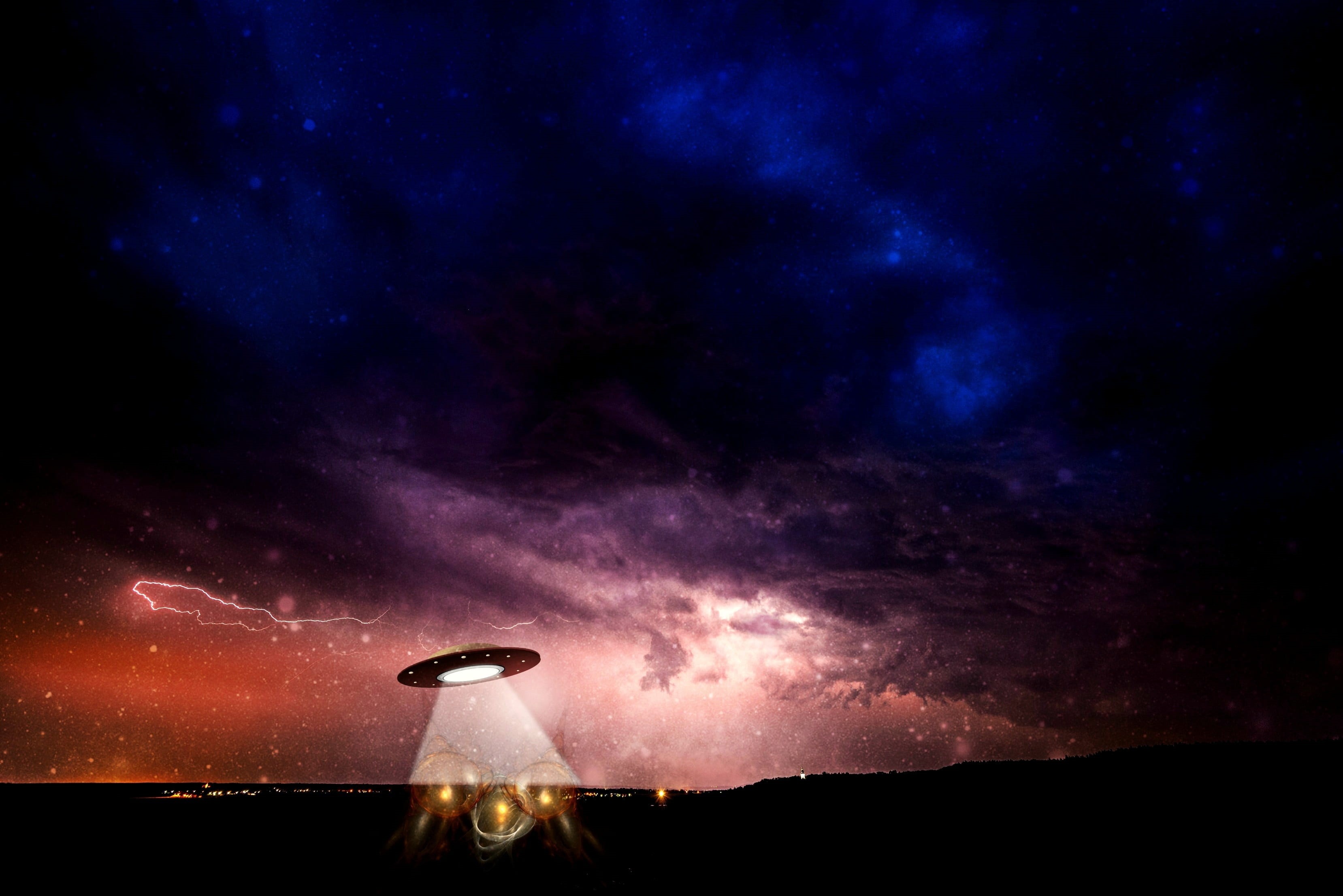 space, arts culture and entertainment, clouds, float, sky colors, arrival, mood, ufo, sky, lighting, star - space, galaxy, science, alien, futuristic, gloomy, HD Wallpaper