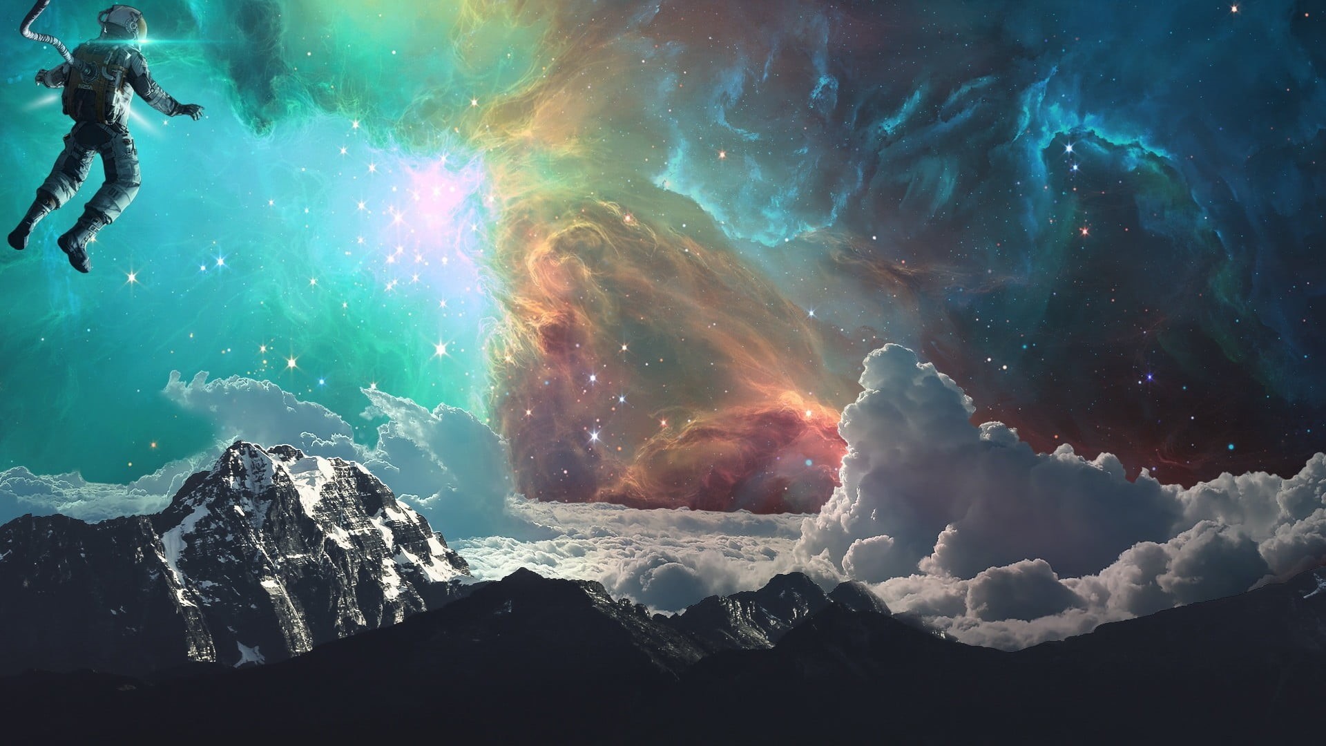 people, photo manipulation, nebula, snow, mountains, unrecognizable person, solid, rock - object, stars, outdoors, adventure, cold temperature, rock, science fiction, HD Wallpaper