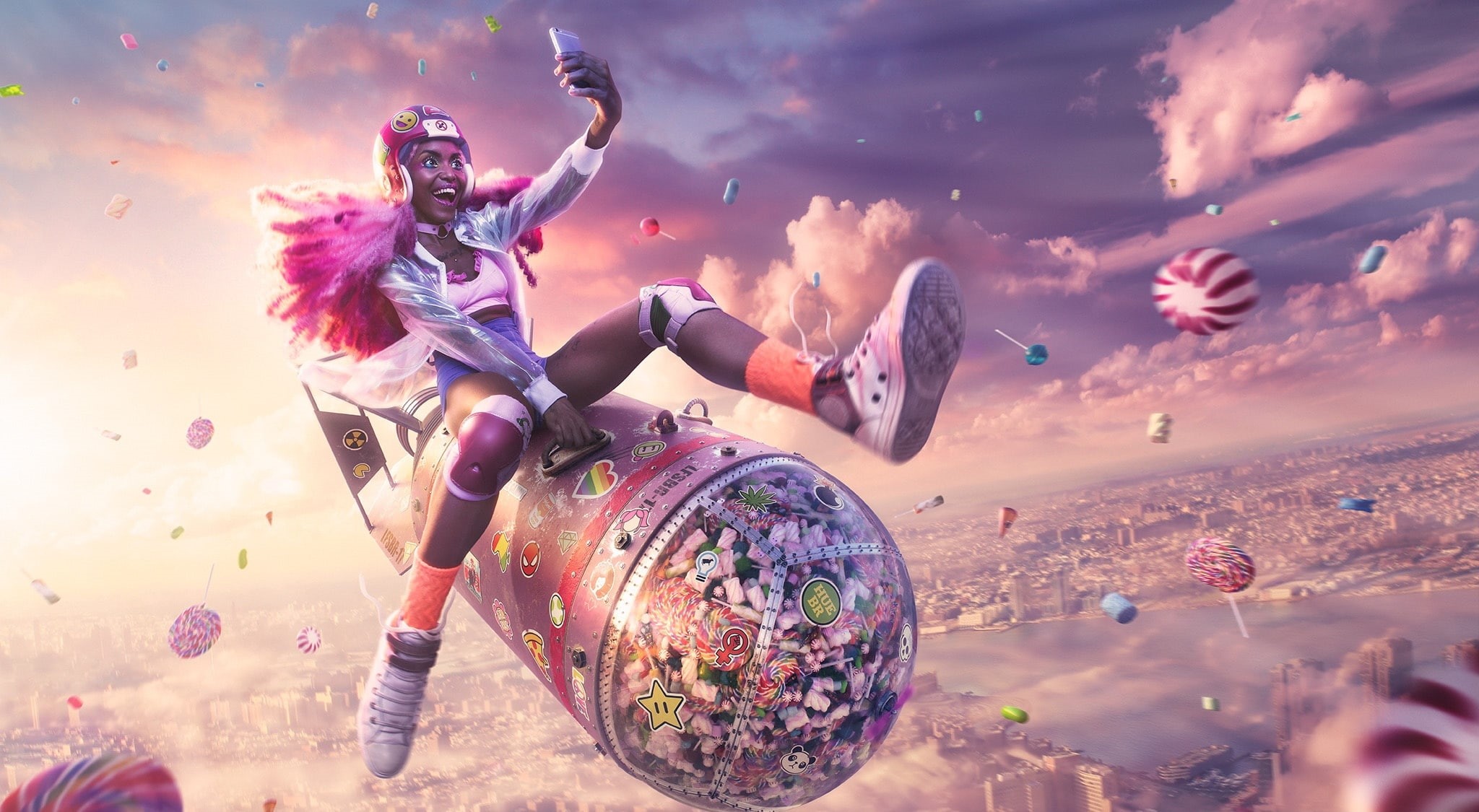 Aero, young adult, young women, women, multi colored, Candy, Flying, Candies, human arm, Girl, nature, sugarbomb, fun, photomanipulation, Creative, event, HD Wallpaper