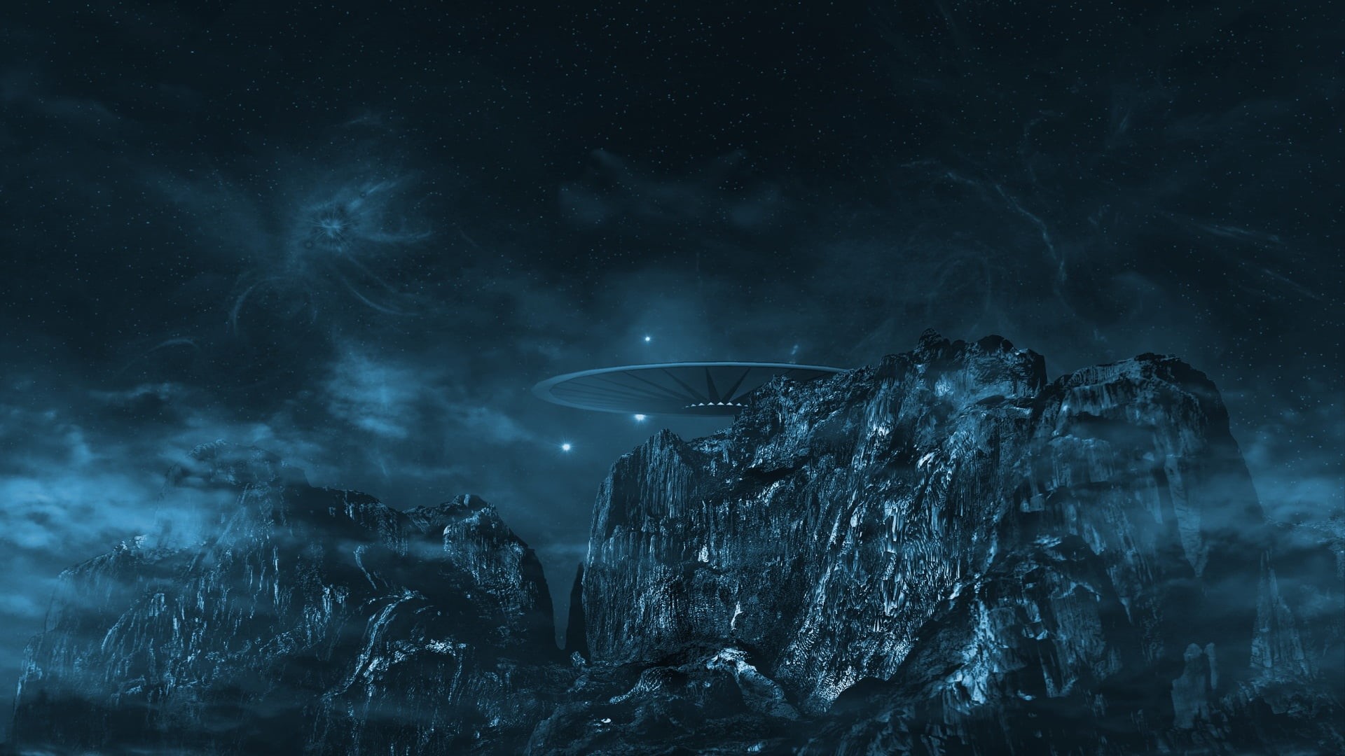 darkness, energy, flying, clouds, spaceship, 1080P, stars, landscape, mountains, lights, flying saucer, alien, ship, UFO, space, object, night, rocks, HD Wallpaper