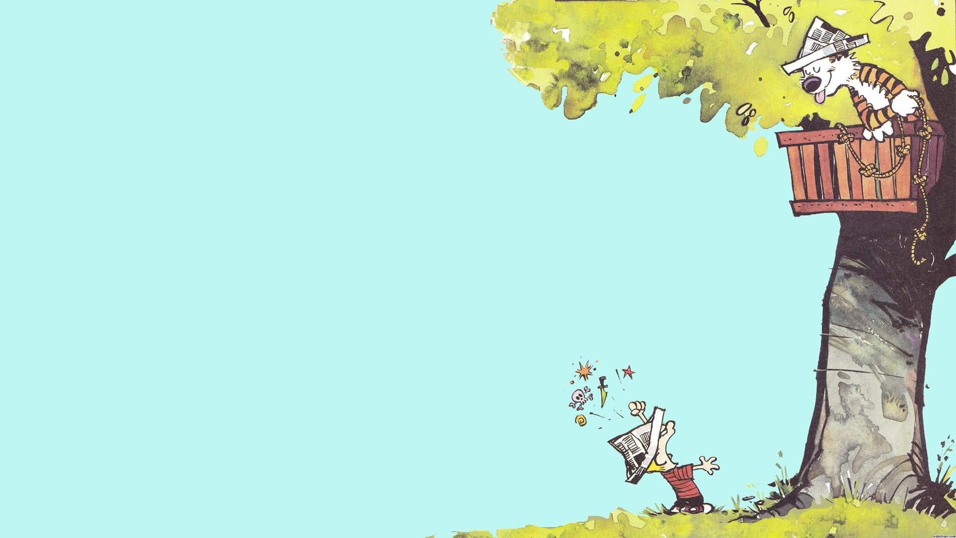 low angle view, 1080P, representation, male likeness, illustration, creativity, sky, no people, Calvin and Hobbes, human representation, art and craft, HD Wallpaper