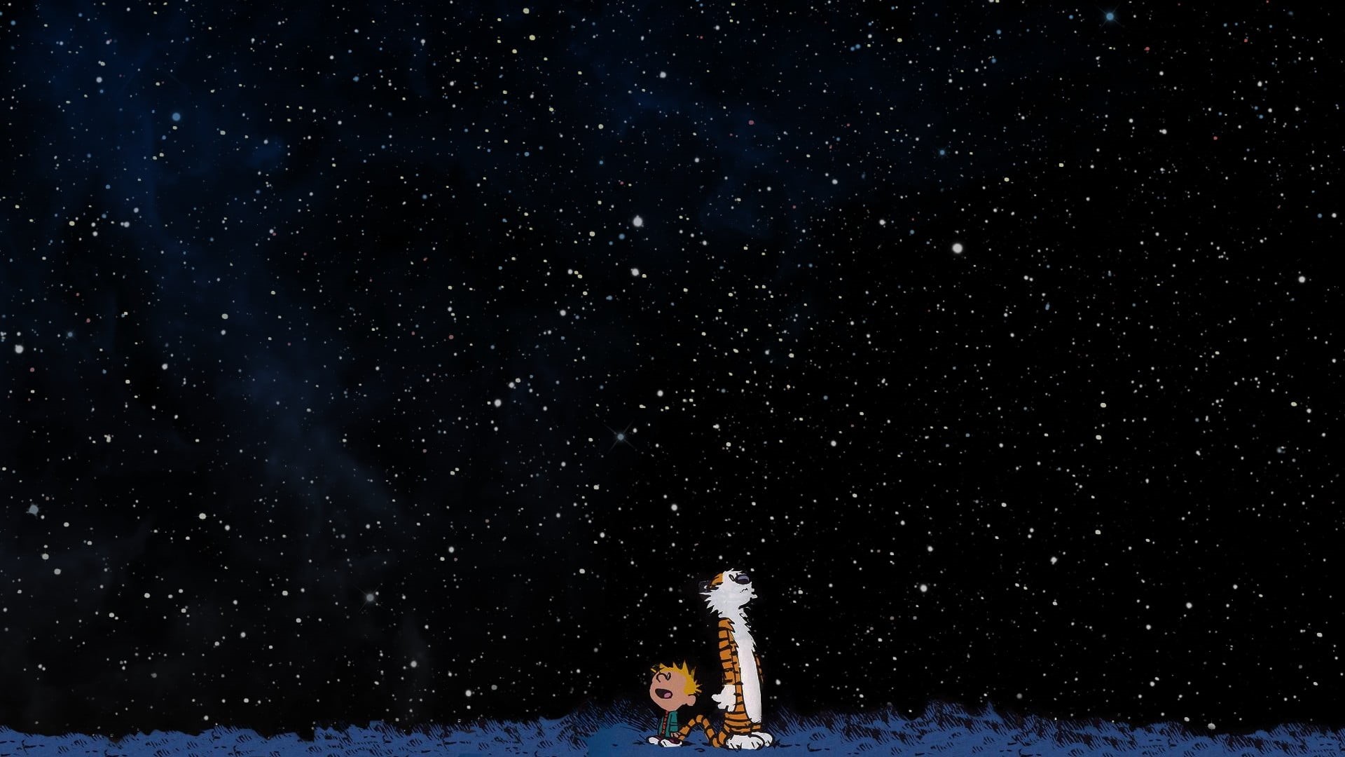 star field, one person, star, outdoors, astronomy, animated, scenics - nature, snow, leisure activity, cold temperature, Calvin and Hobbes, winter, HD Wallpaper