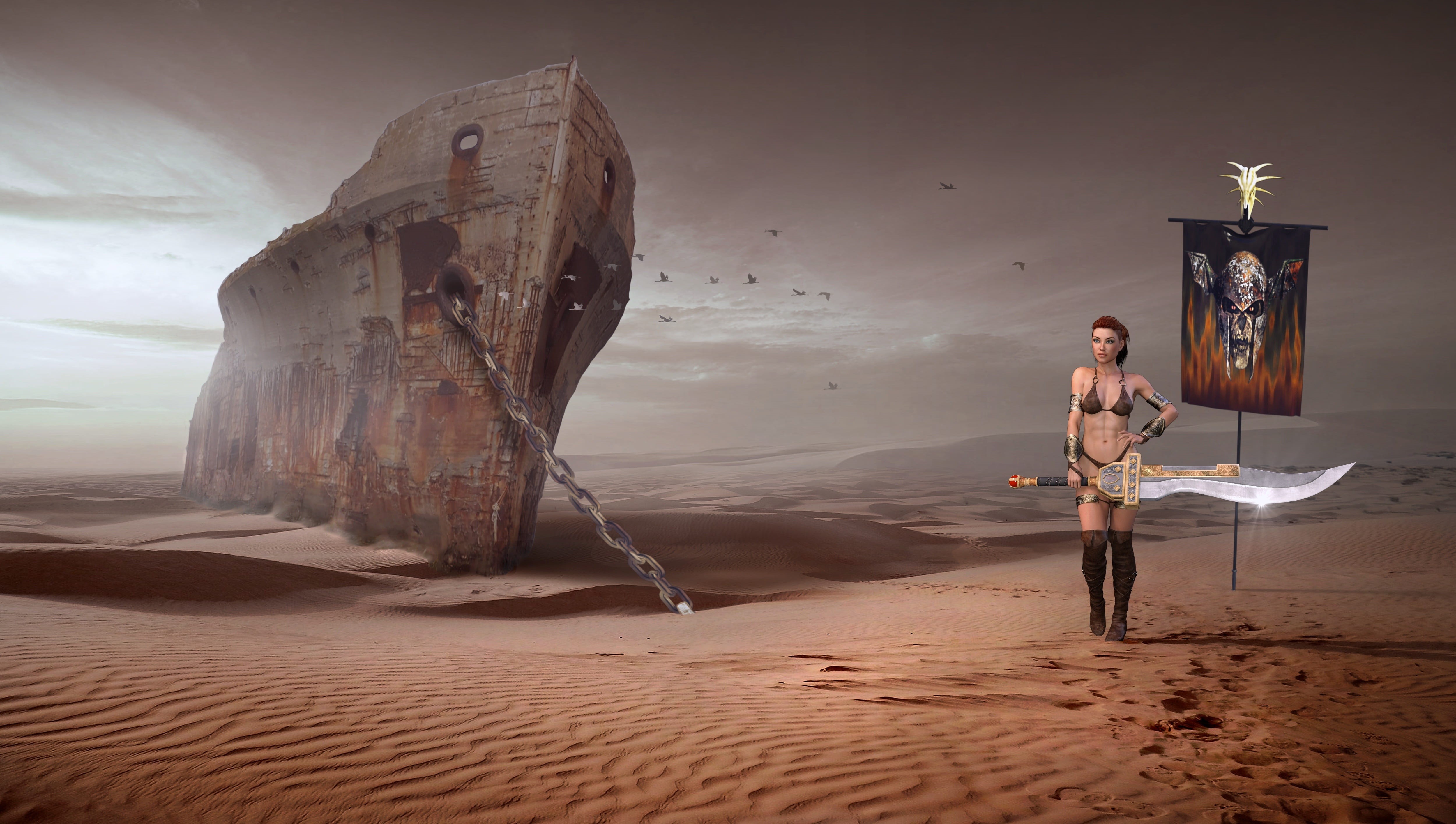 sword, shipwreck, futuristic, gloomy, sand, dry, ship, mood, the past, art and craft, character, belief, sky, people, landscape, standing, history, nature, HD Wallpaper