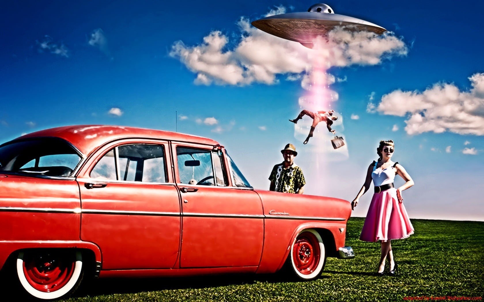 Oldtimer, UFOs, clouds, adult, sky, fashion, 720P, digital art, red cars, nature, day, outdoors, red, standing, two people, motor vehicle, sedan, females, HD Wallpaper