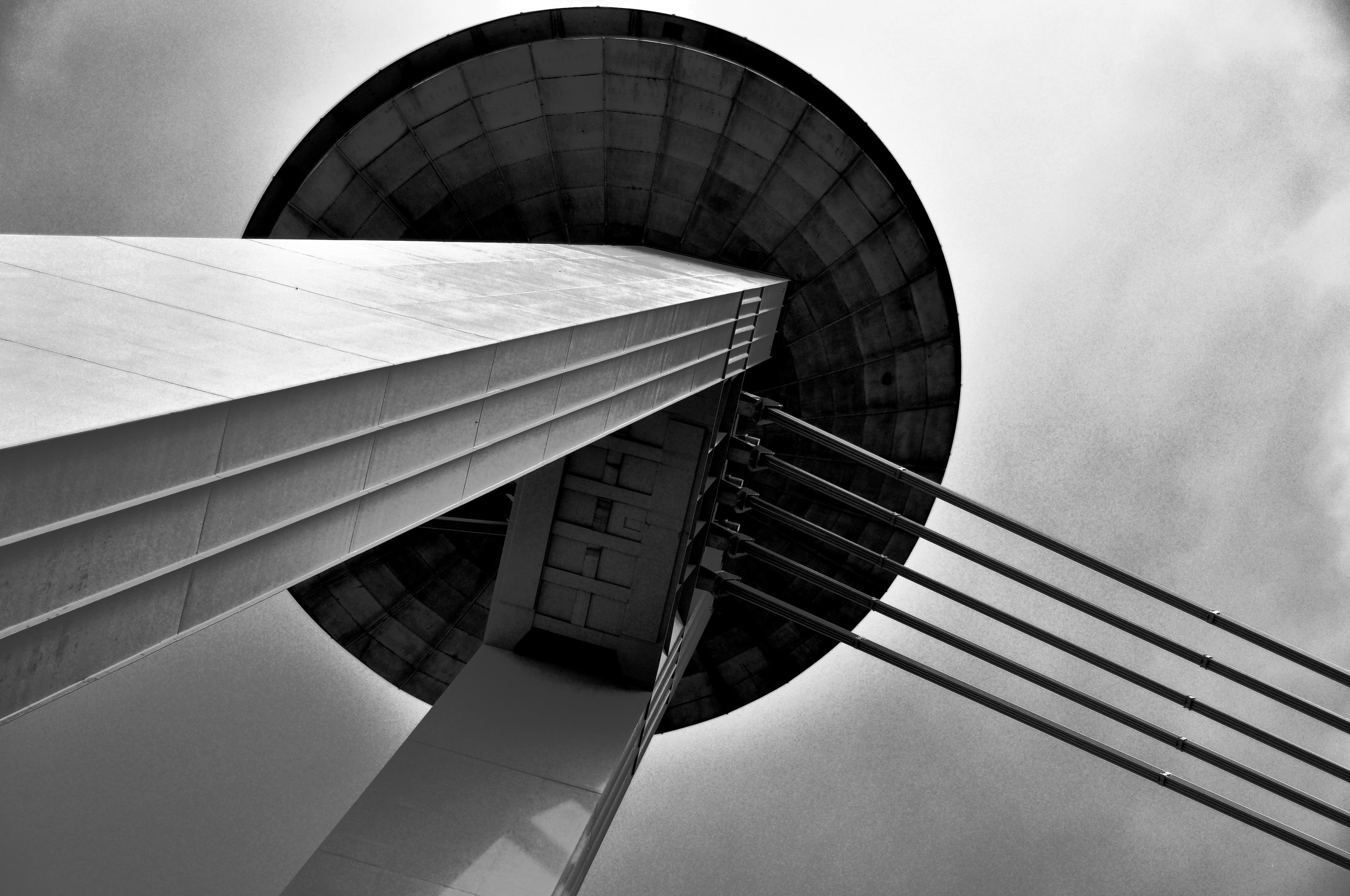 Bratislava, pattern, 4K, tower, connection, nature, outdoors, Slovakia, building, ropes, steel, worms eye view, low angle view, cn, city, monochrome, modern, HD Wallpaper