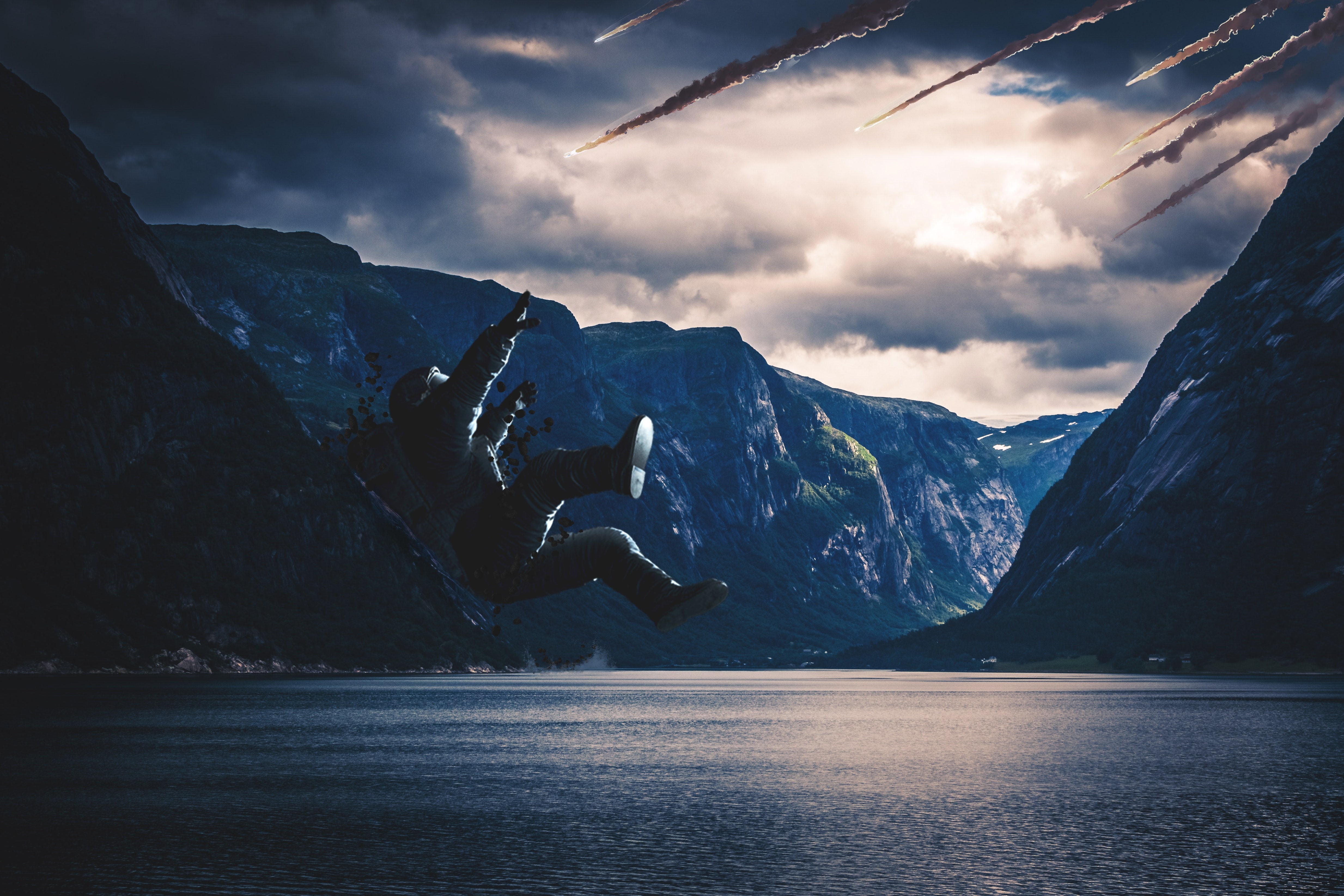 astronaut, cosmonaut, lake, fall, 4K, space suit, dark, mountains, photoshop, HD Wallpaper