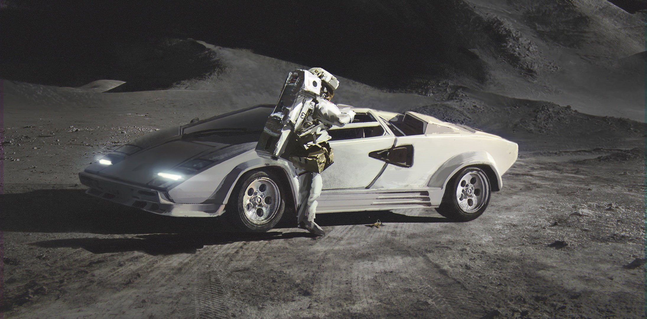 Lamborghini, Spaceman, 1080P, Painting, Moon, Countach, Сanvas, HD Wallpaper