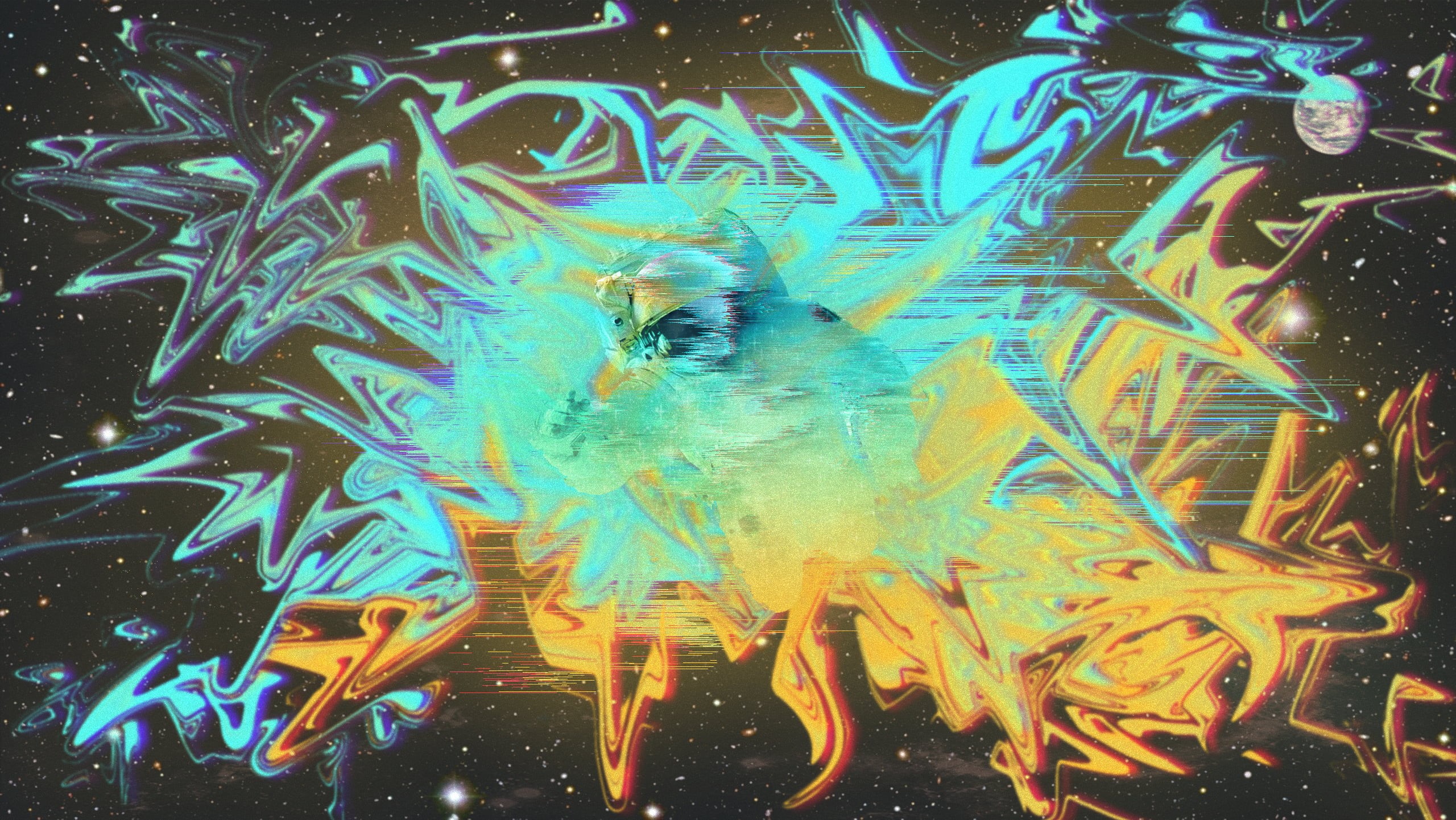 pixel sorting, space, space art, surreal, astronaut, galaxy, yellow, noise, stars, Earth, 2K, abstract, digital art, RGB, blurred, HD Wallpaper